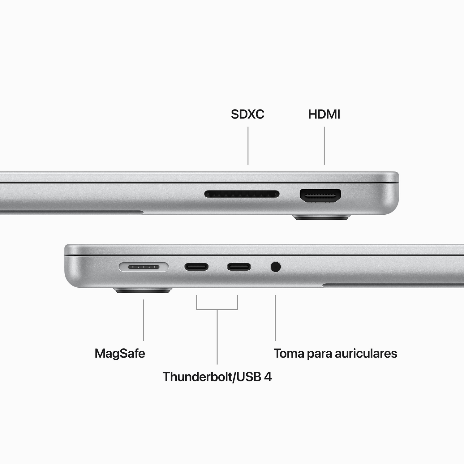 Primer plano de un portátil que muestra los puertos: SDXC, HDMI, MagSafe, Thunderbolt/USB 4.