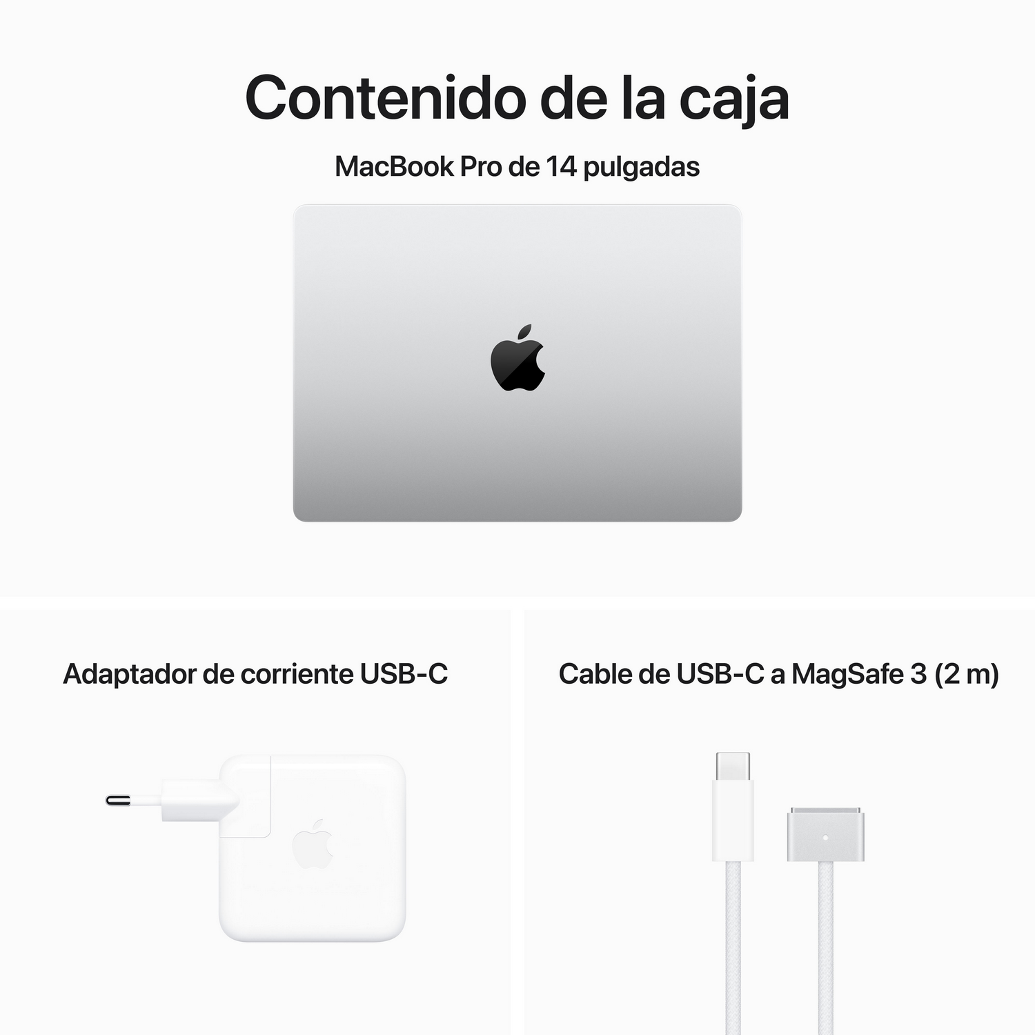 Imagen que muestra el contenido de una caja de MacBook Pro de 14 pulgadas, incluido el portátil, el cargador y el cable.