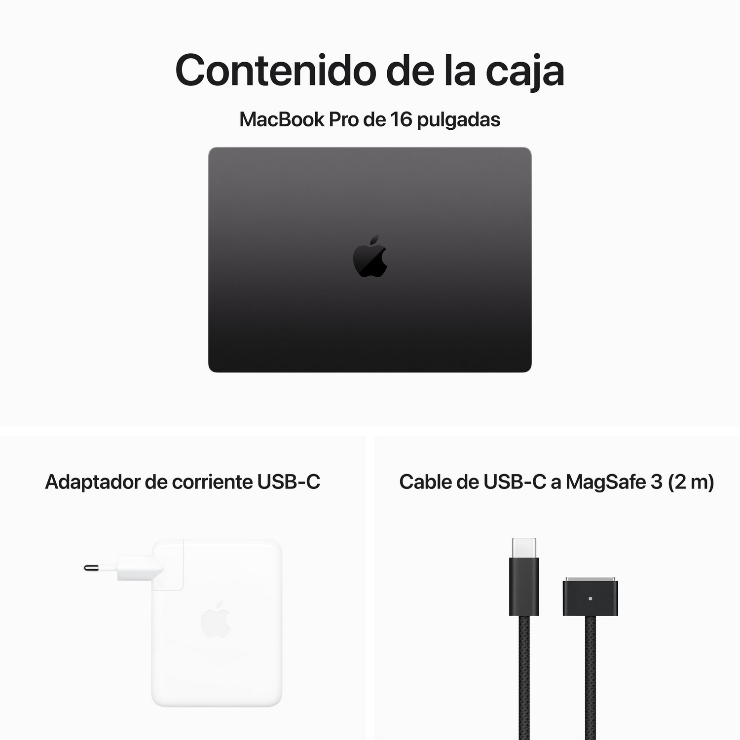 MacBook Pro con adaptador de corriente y cable USB-C. Todos los artículos son negros.