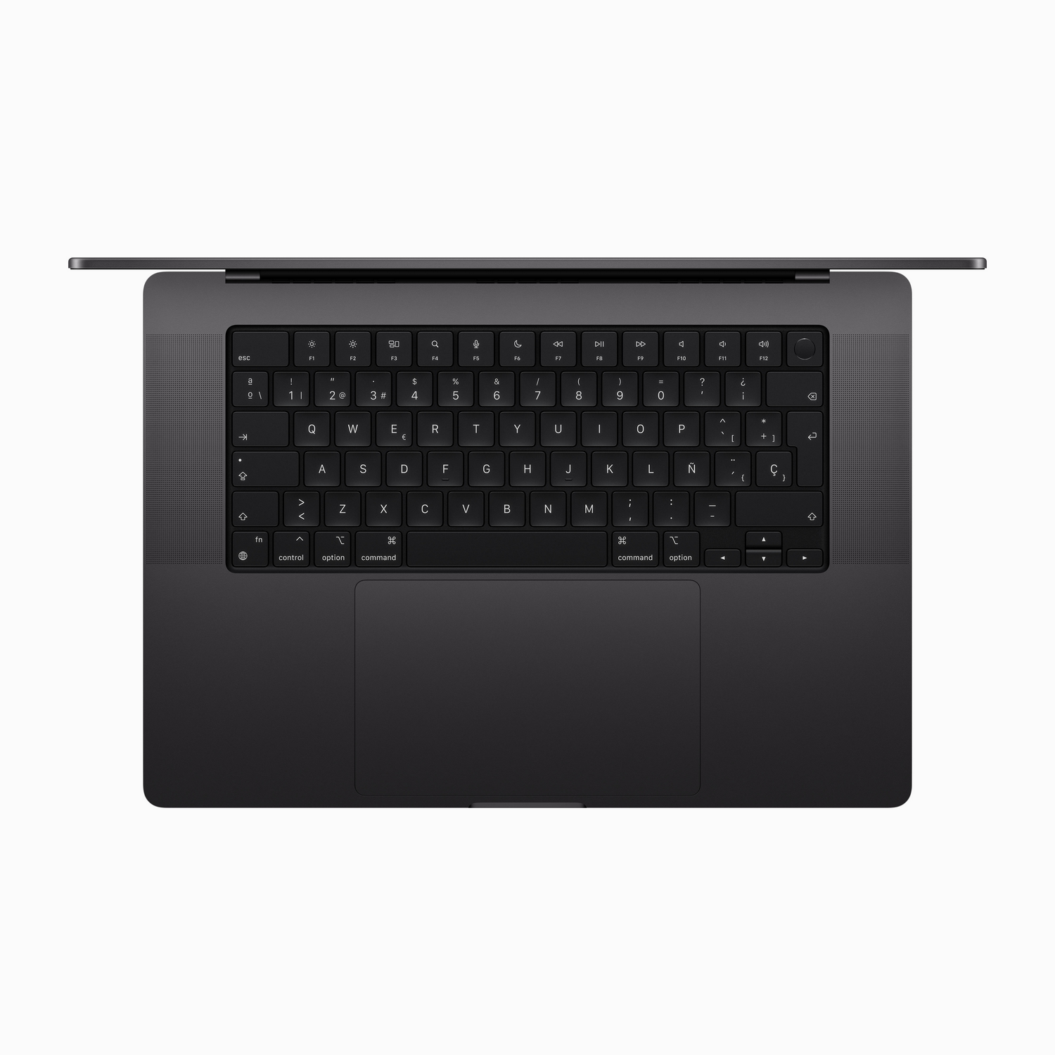 Teclado de portátil negro desde arriba, con teclas en inglés y español. El panel táctil está debajo.