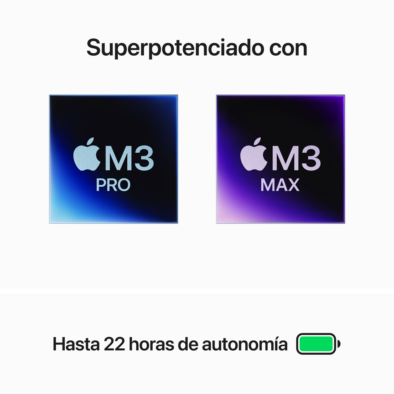 Dos iconos: M3 Pro y M3 Max, con texto y un icono de batería que muestra hasta 22 horas de autonomía.