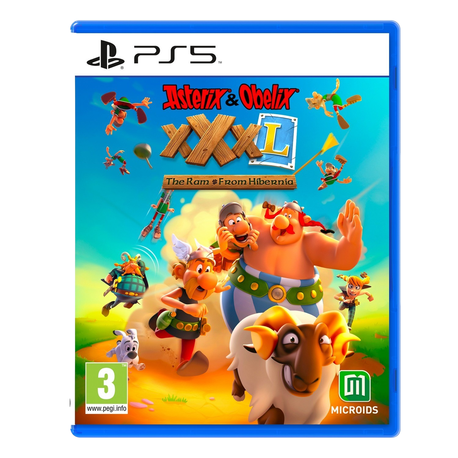 Videogame cover. Asterix en Obelix personages in een kleurrijke, cartoonachtige scène.