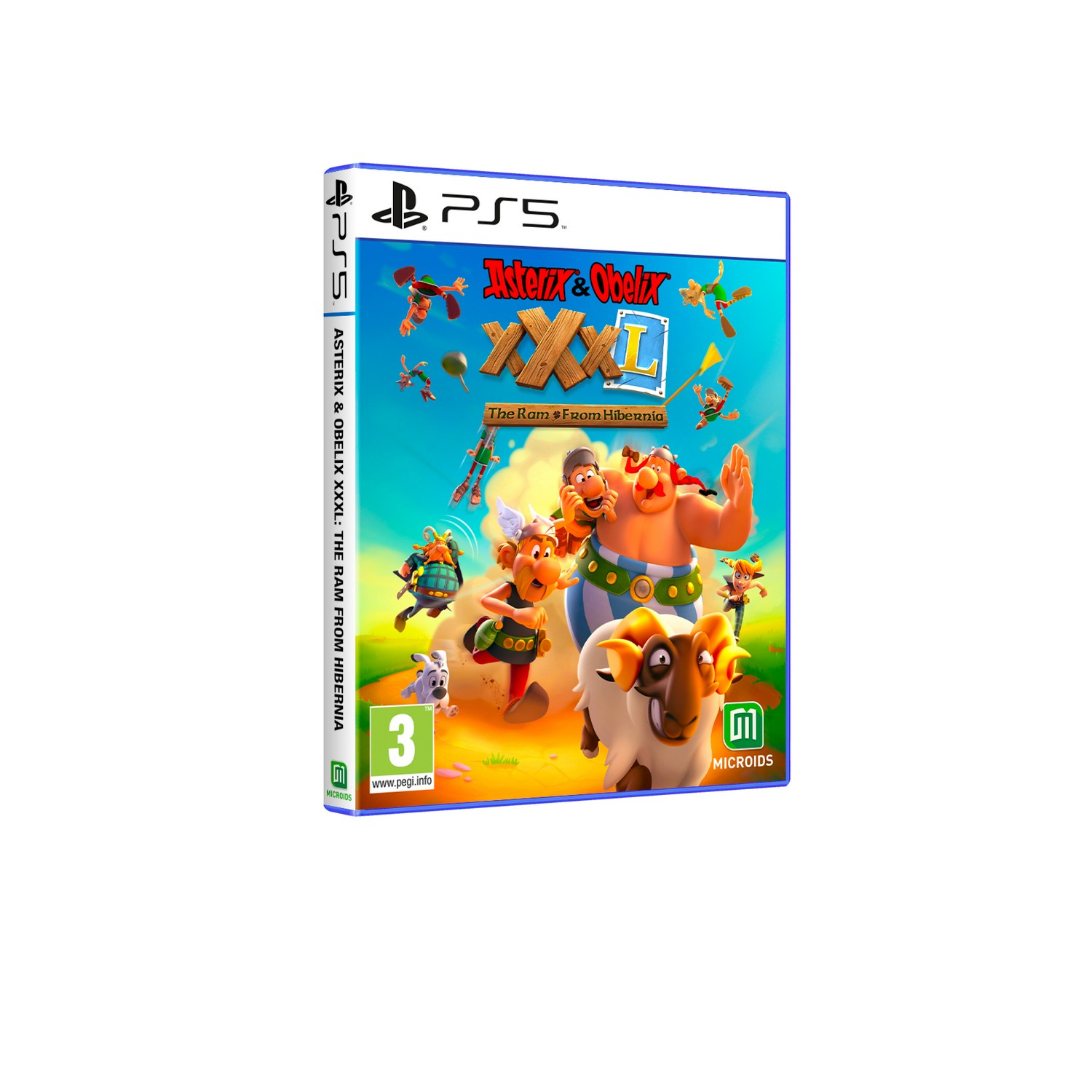 PS5-gamebox: Asterix & Obelix XXXL, met cartoonfiguren, op een witte achtergrond.