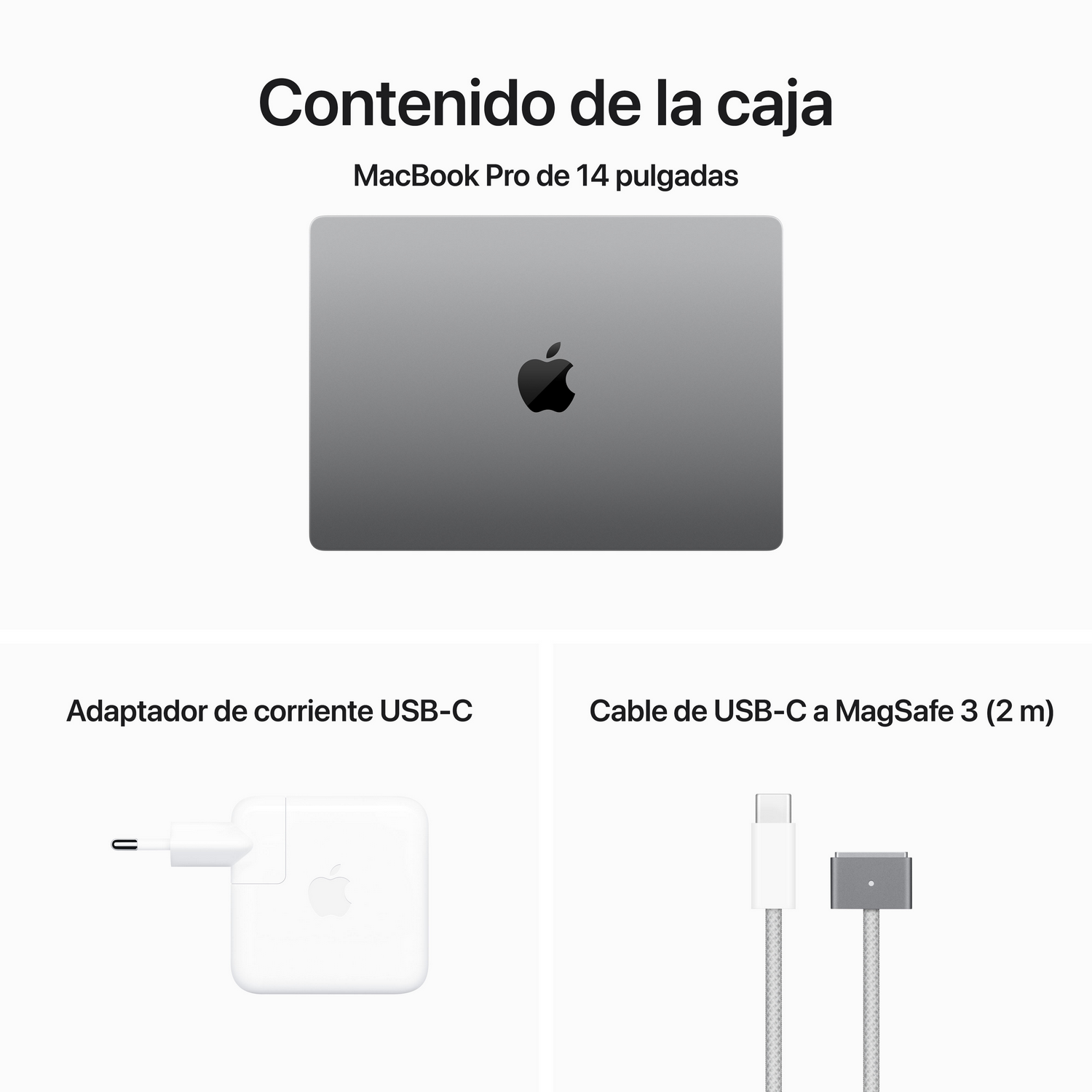 Un portátil MacBook Pro con accesorios: adaptador de corriente USB-C y cable USB-C a MagSafe 3.