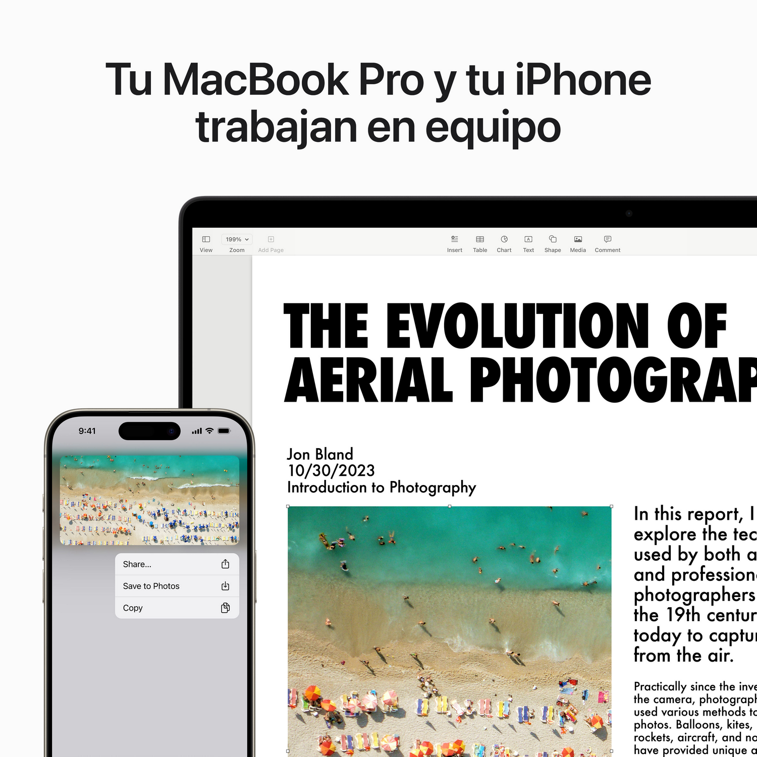 iPhone y MacBook Pro que muestran un documento sobre fotografía aérea.