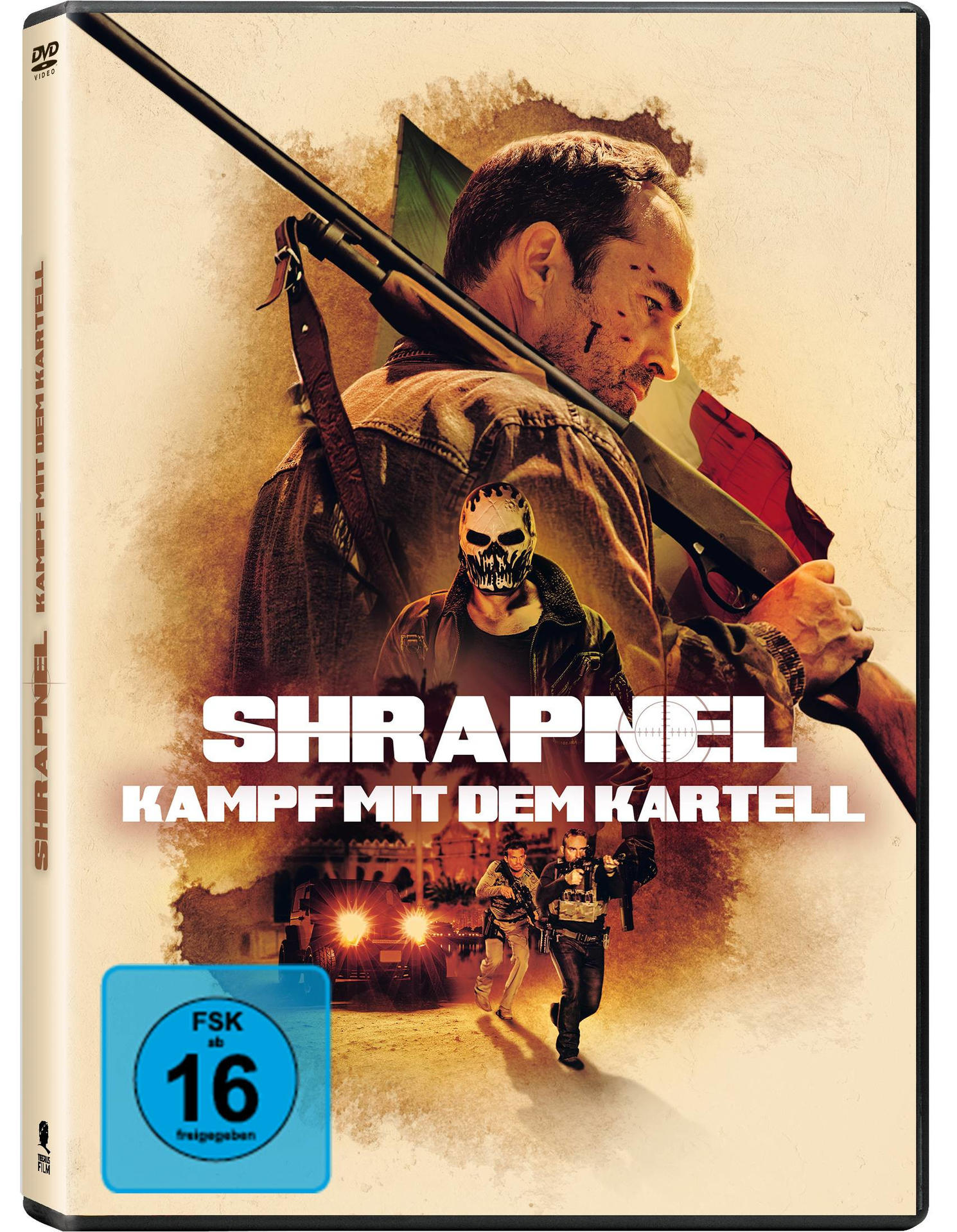 DVD-Cover des Films: Shrapnel, mit einem Mann mit Gewehr und maskierten Personen mit einem Auto.