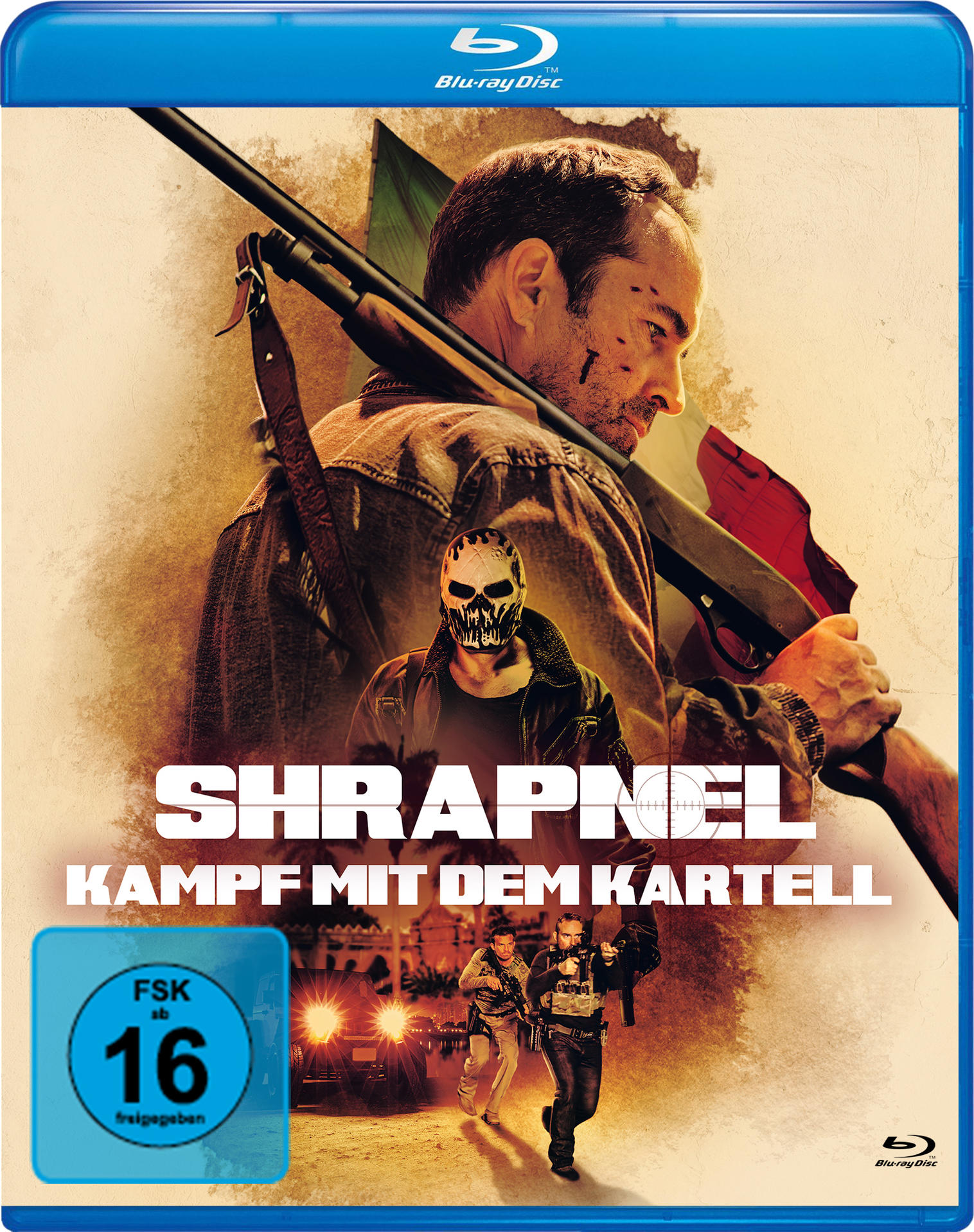 Filmcover. Mann hält Schrotflinte und Flagge. Totenkopfmaskenmann und Läufer im Hintergrund. Titel ist Shrapnel.