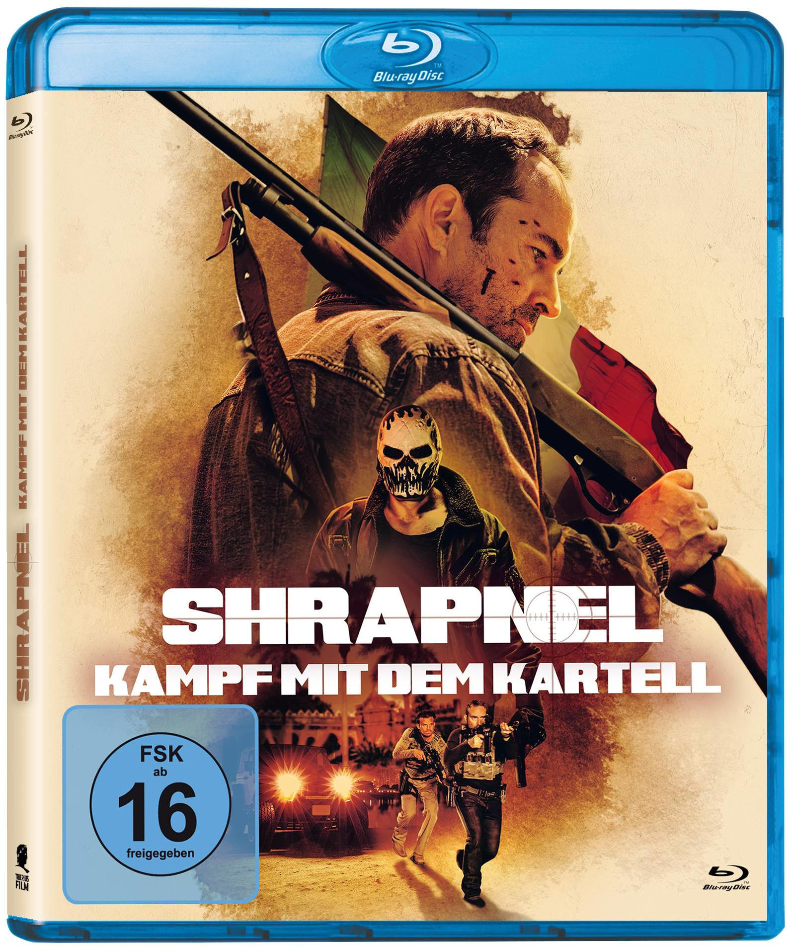 Filmposter: Mann mit Waffe, Maske und Titel SHRAPNEL. Untertitel: KAMPF MIT DEM KARTELL.