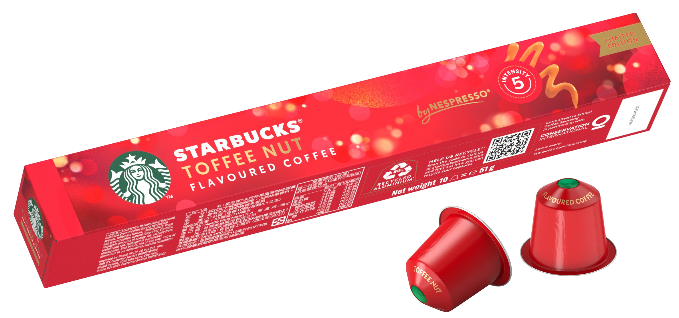 Starbucks Toffee Nut Kaffeepads in einer roten Box, mit zwei Pads außerhalb der Box.
