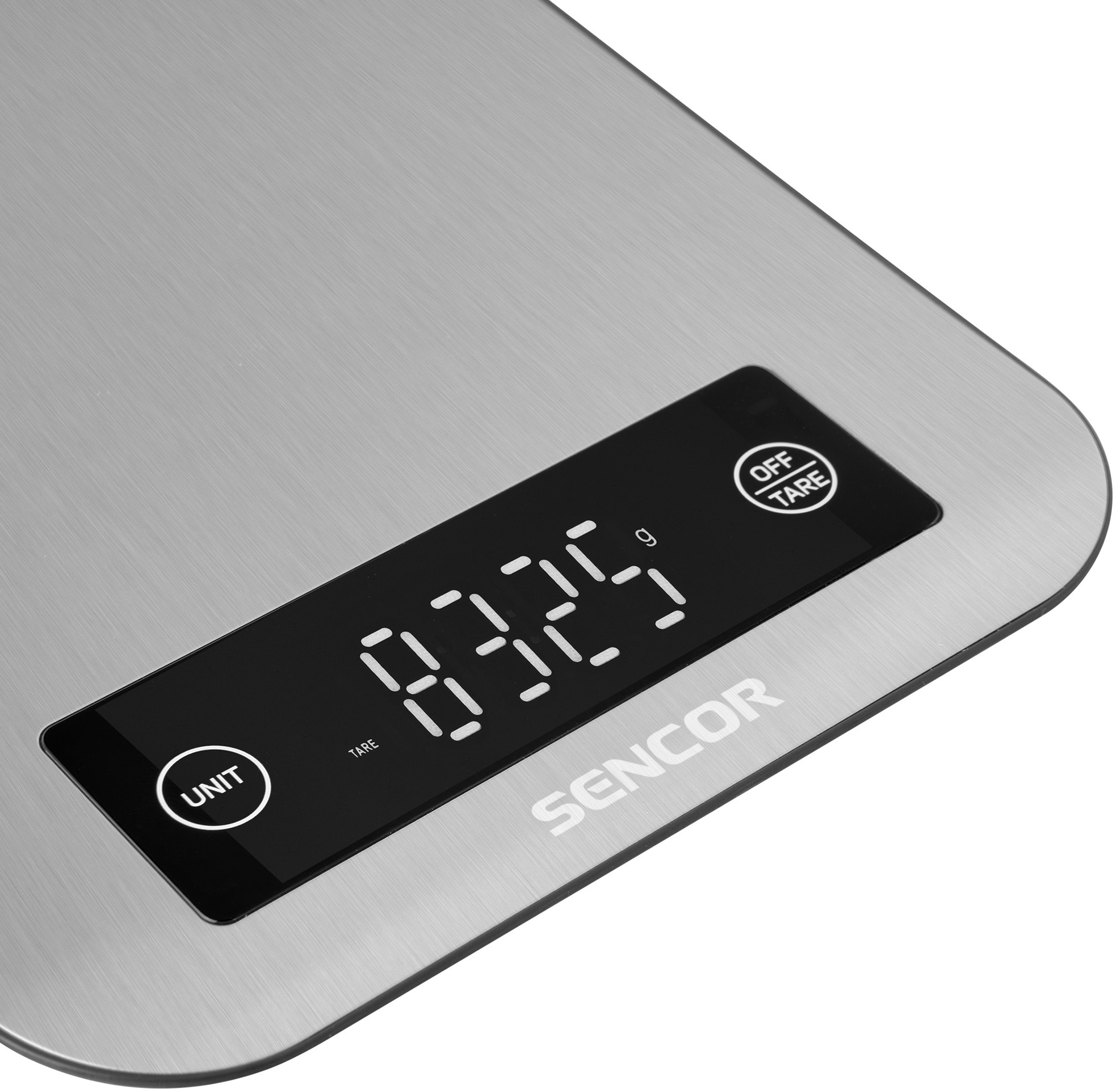 Ezüst digitális konyhai mérleg fekete kijelzővel, 8325 g súlyt mutatva.