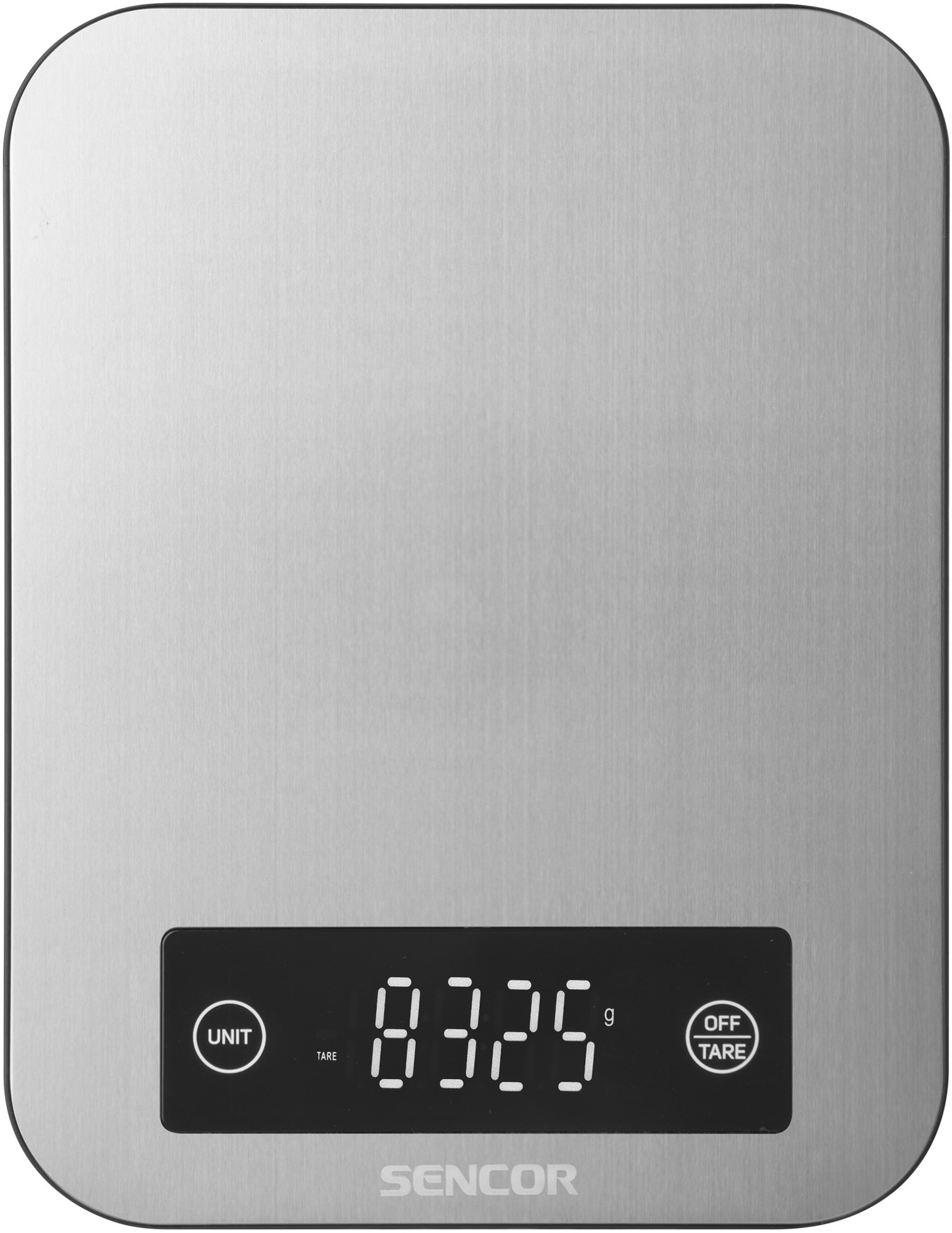 Digitális mérleg, 8325 g-ot mutat a kijelző. Ezüst felület, fekete egység gomb, tára és ki gomb.