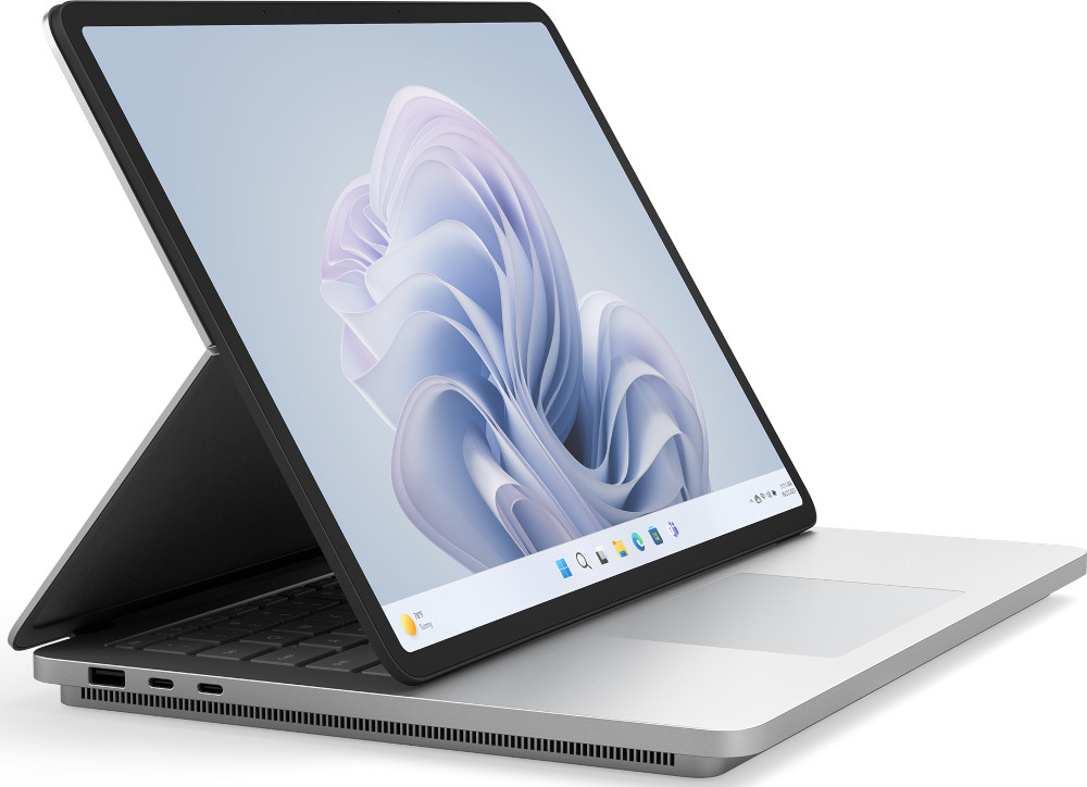 Microsoft Surface laptop, met een tabletscherm bevestigd. Het scherm staat omhoog gekanteld.