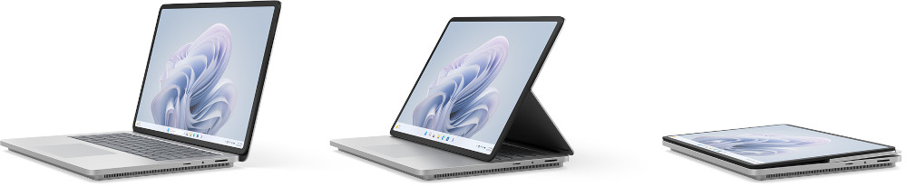 Laptop in drie posities: gesloten, open en schuin. Zilver, witte achtergrond. Strak, modern design.