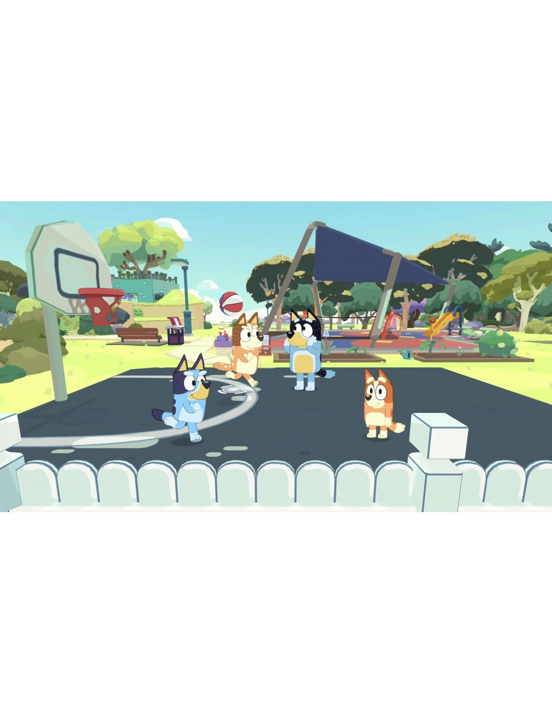 Perros de dibujos animados jugando baloncesto en una cancha, con un parque infantil.