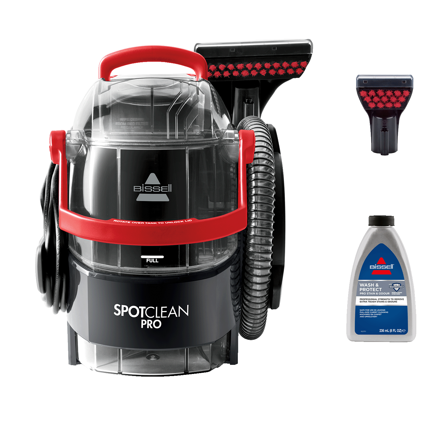 Un Bissell SpotClean Pro negro y rojo con accesorios sobre fondo blanco.