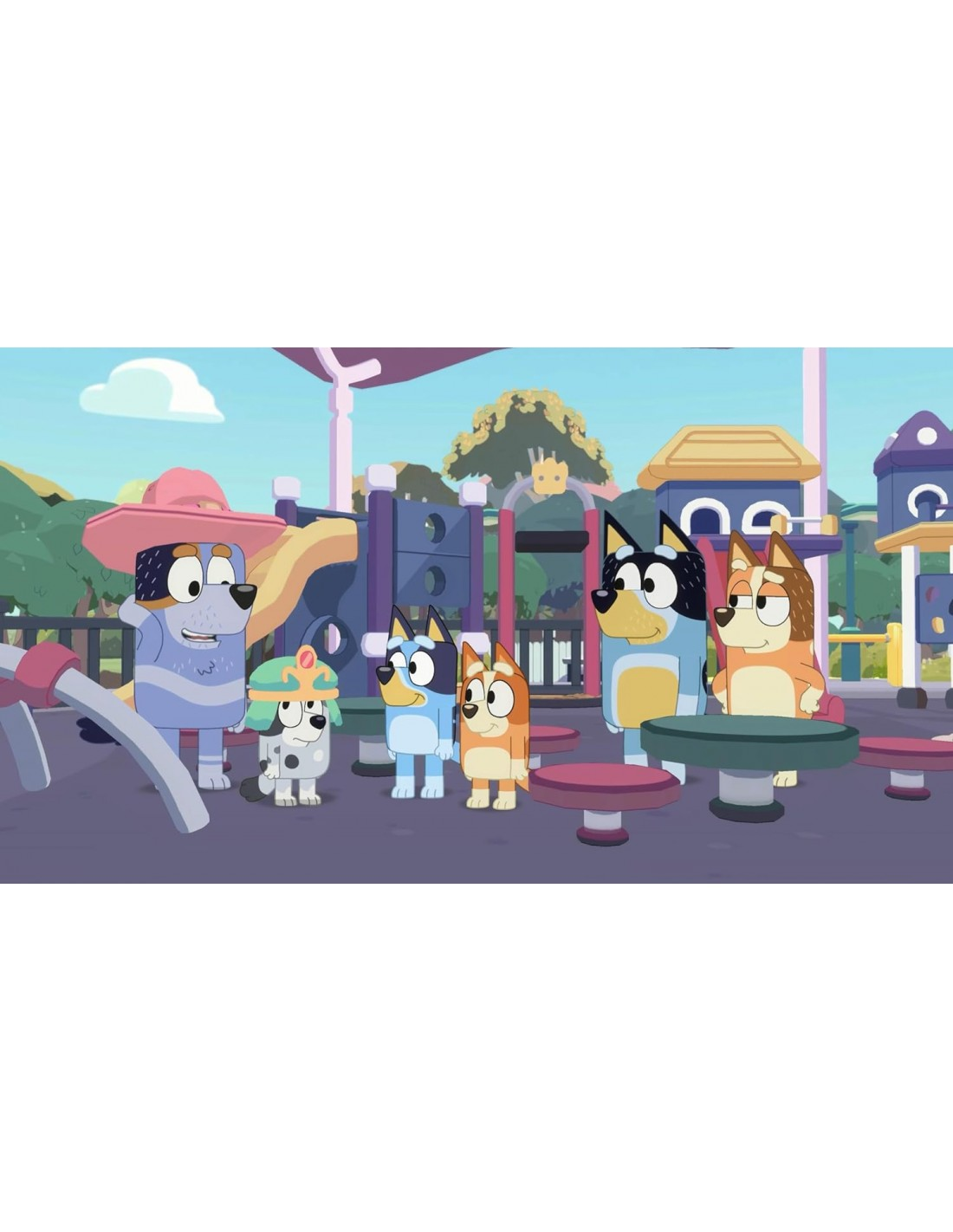 Personajes de dibujos animados en un parque infantil. Perros con sombreros y juegos coloridos.