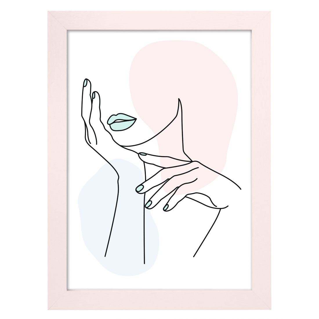 Linienzeichnung eines Frauengesichts, Hand berührt das Gesicht, blaue und rosa Formen.