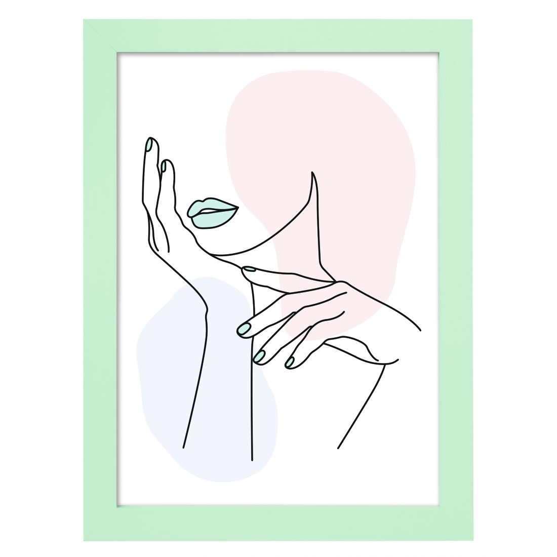 Abstrakte Kunst in einem grünen Rahmen. Das Gesicht einer Frau ist mit einer Hand an den Lippen gezeichnet.