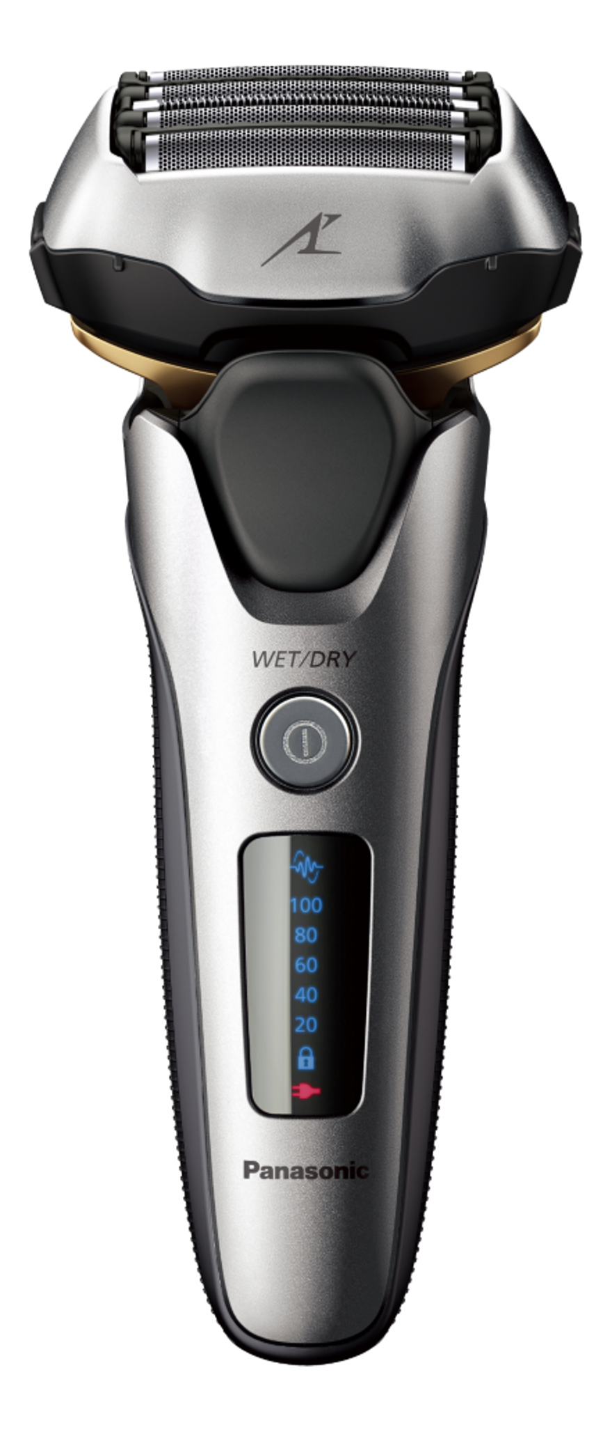 Elektrischer Rasierer in Silber und Schwarz mit Digitalanzeige. Der Hintergrund ist schwarz.