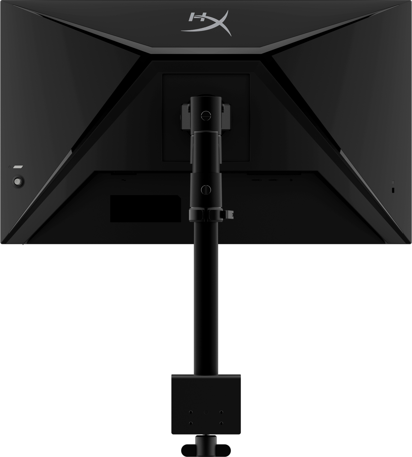 Achteraanzicht van een zwarte computermonitor met standaard op een witte achtergrond.