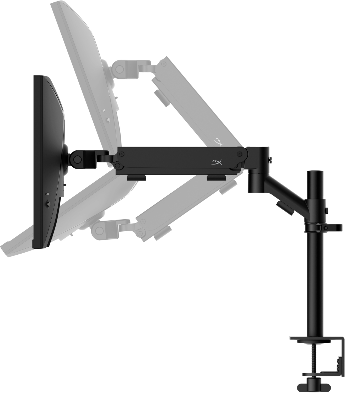 Een zwarte monitorarm, die een monitor vasthoudt, met verschillende aanpassingen zichtbaar.