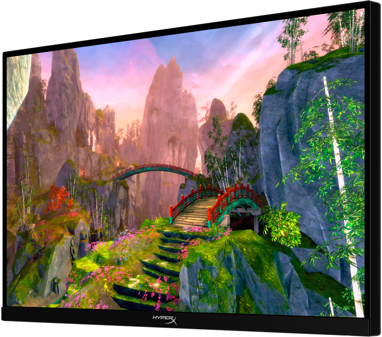 Een computermonitor met een kleurrijk landschap met een brug.