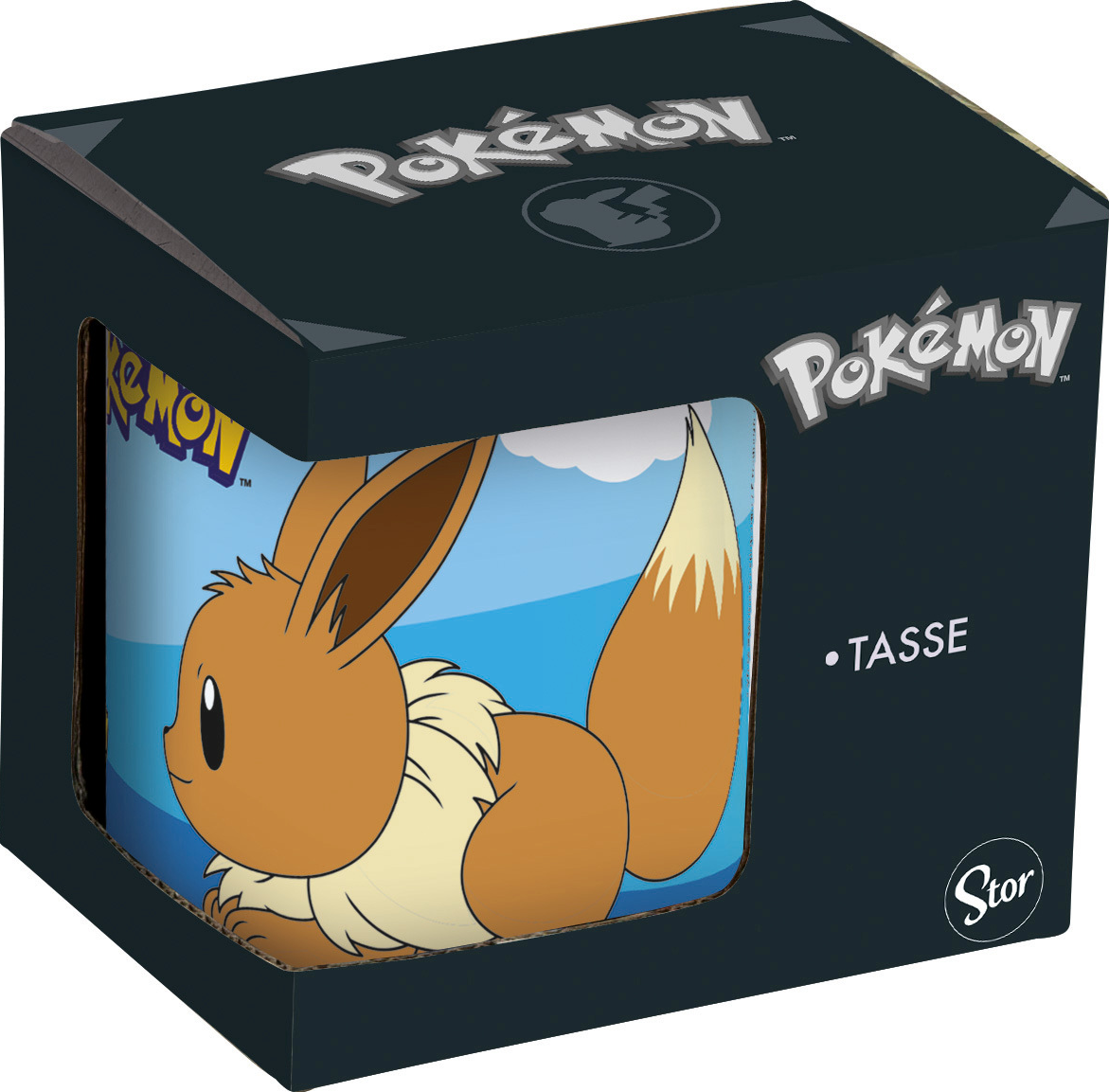 Tazza Pokémon in una scatola. Raffigura Eevee sulla tazza con sfondo blu e bianco.