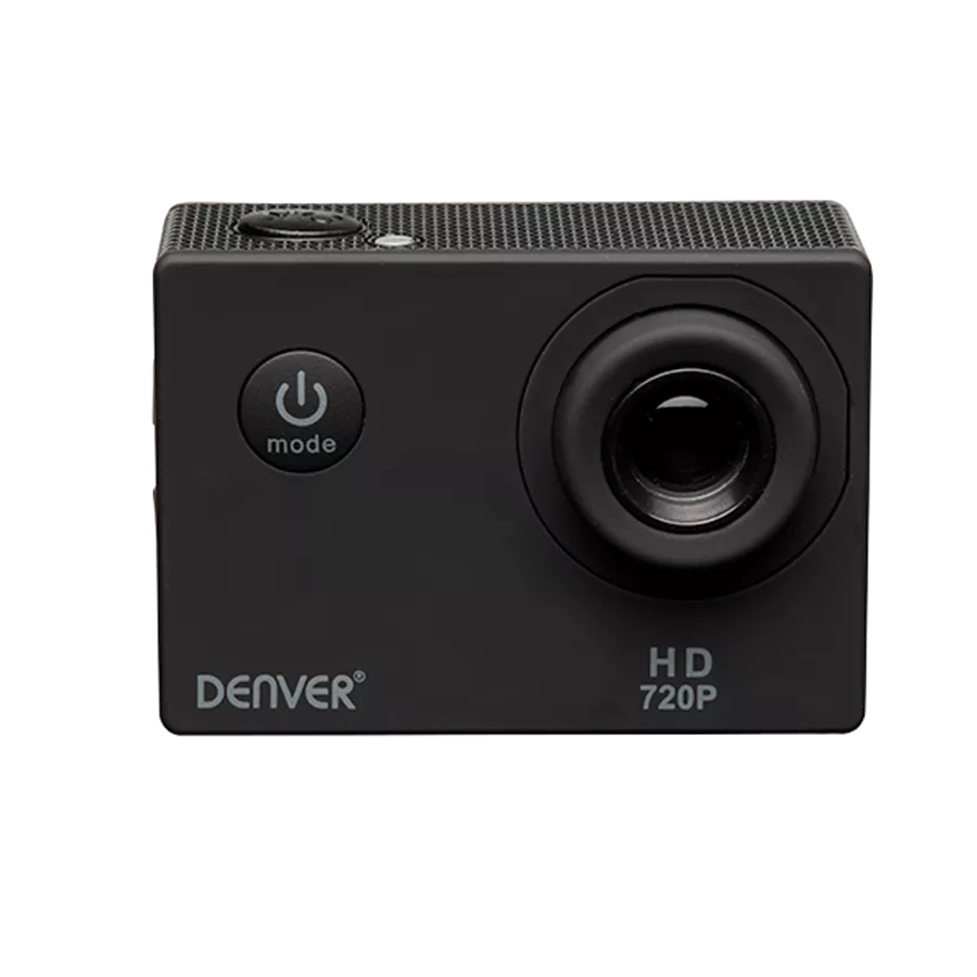 Schwarze Action-Kamera mit Knöpfen, Objektiv und dem Wort 'DENVER'. Der Text 'HD 720P' ist sichtbar.