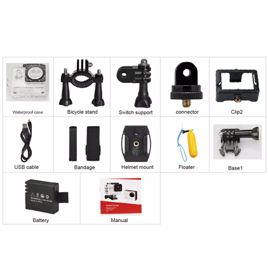 Verschiedenes Zubehör für eine Action-Kamera, darunter Halterungen, Kabel und eine Hülle.