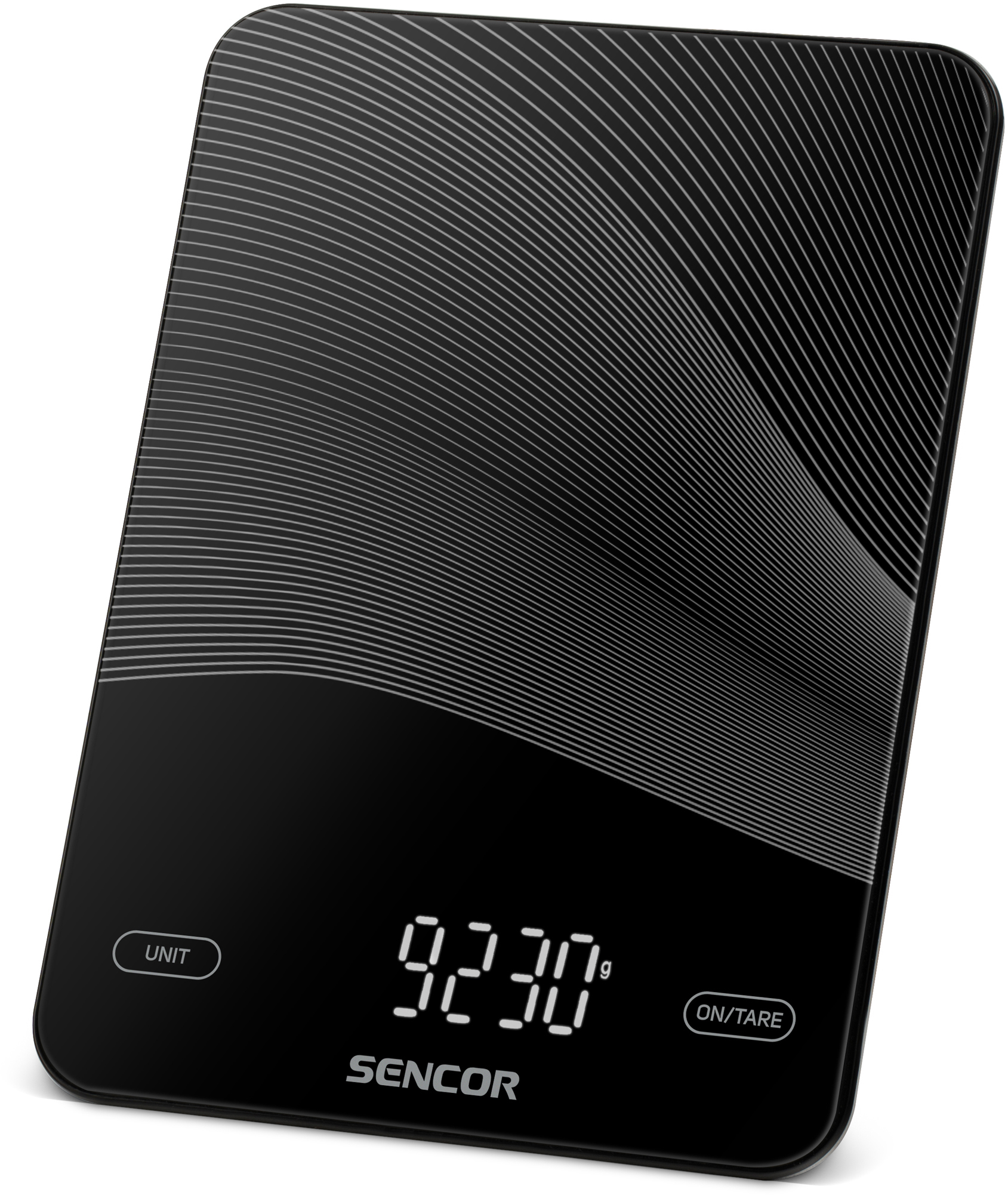 Egy fekete digitális konyhai mérleg, mely 9230g-ot mutat, és egység- és be/tára gombokkal rendelkezik.
