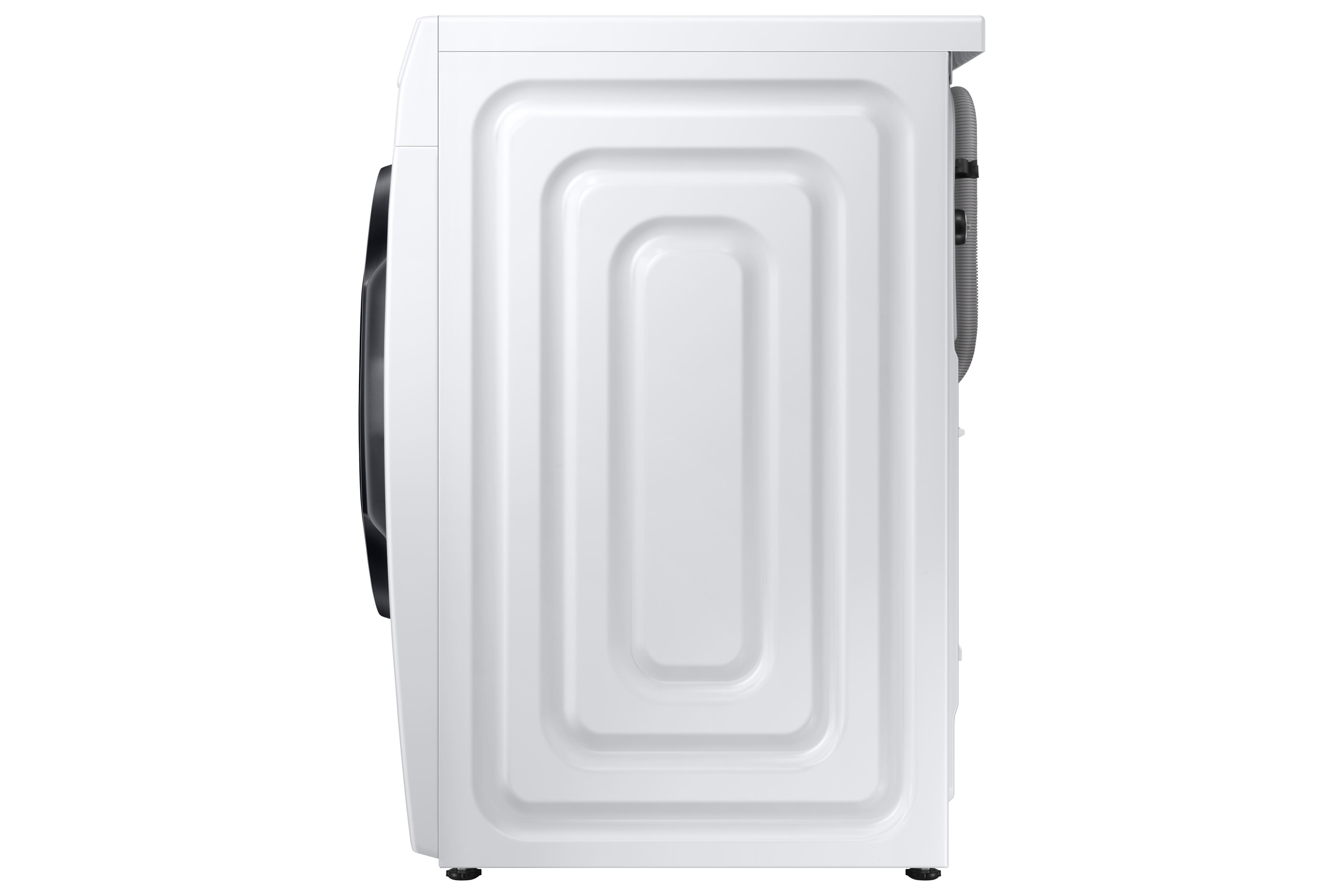 Eine weiße Samsung Waschmaschine von der Seite, auf weißem Hintergrund.