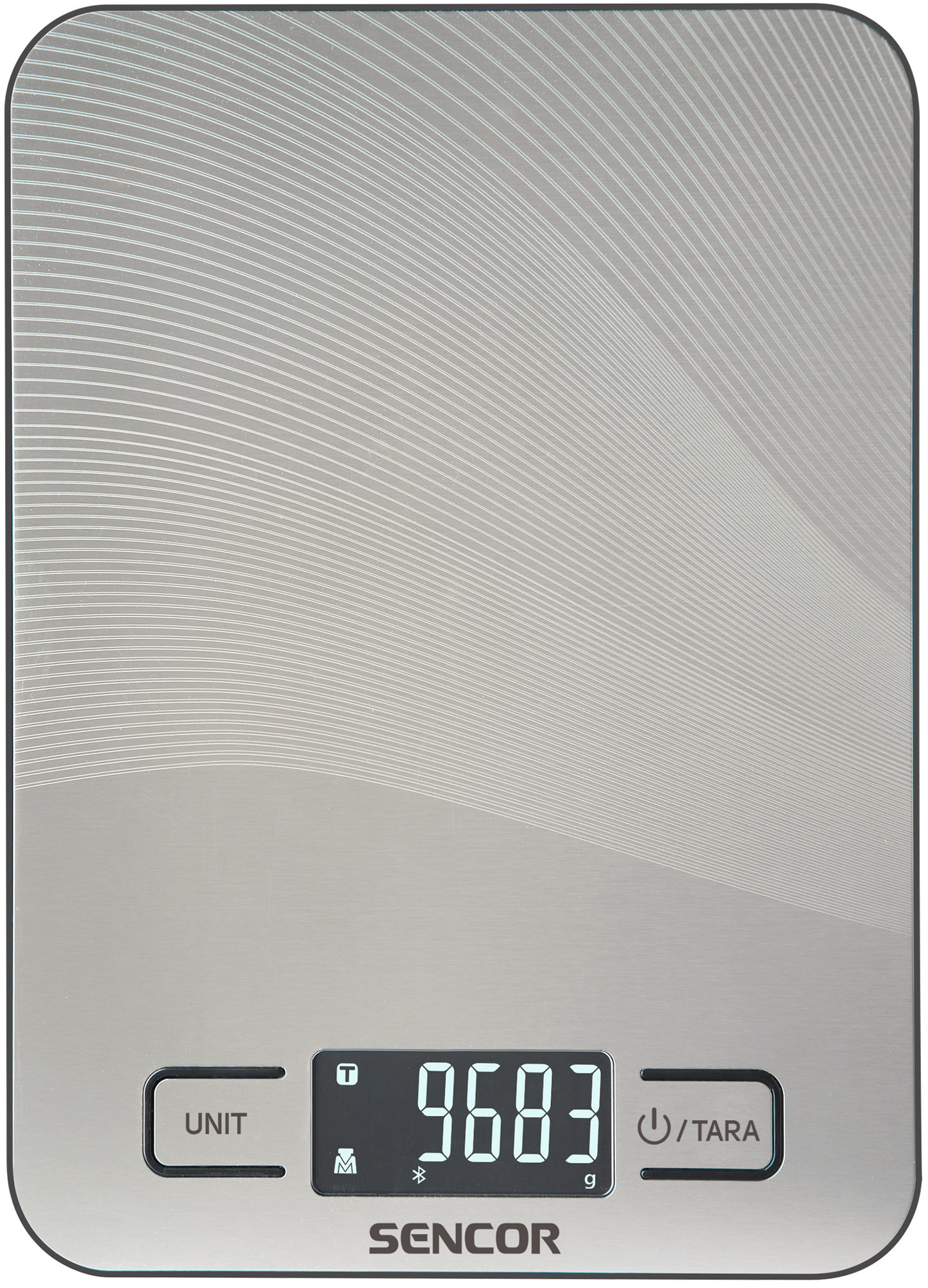 Digitális konyhai mérleg, '9683 g' kijelzővel és 'UNIT' és 'TARA' gombokkal.