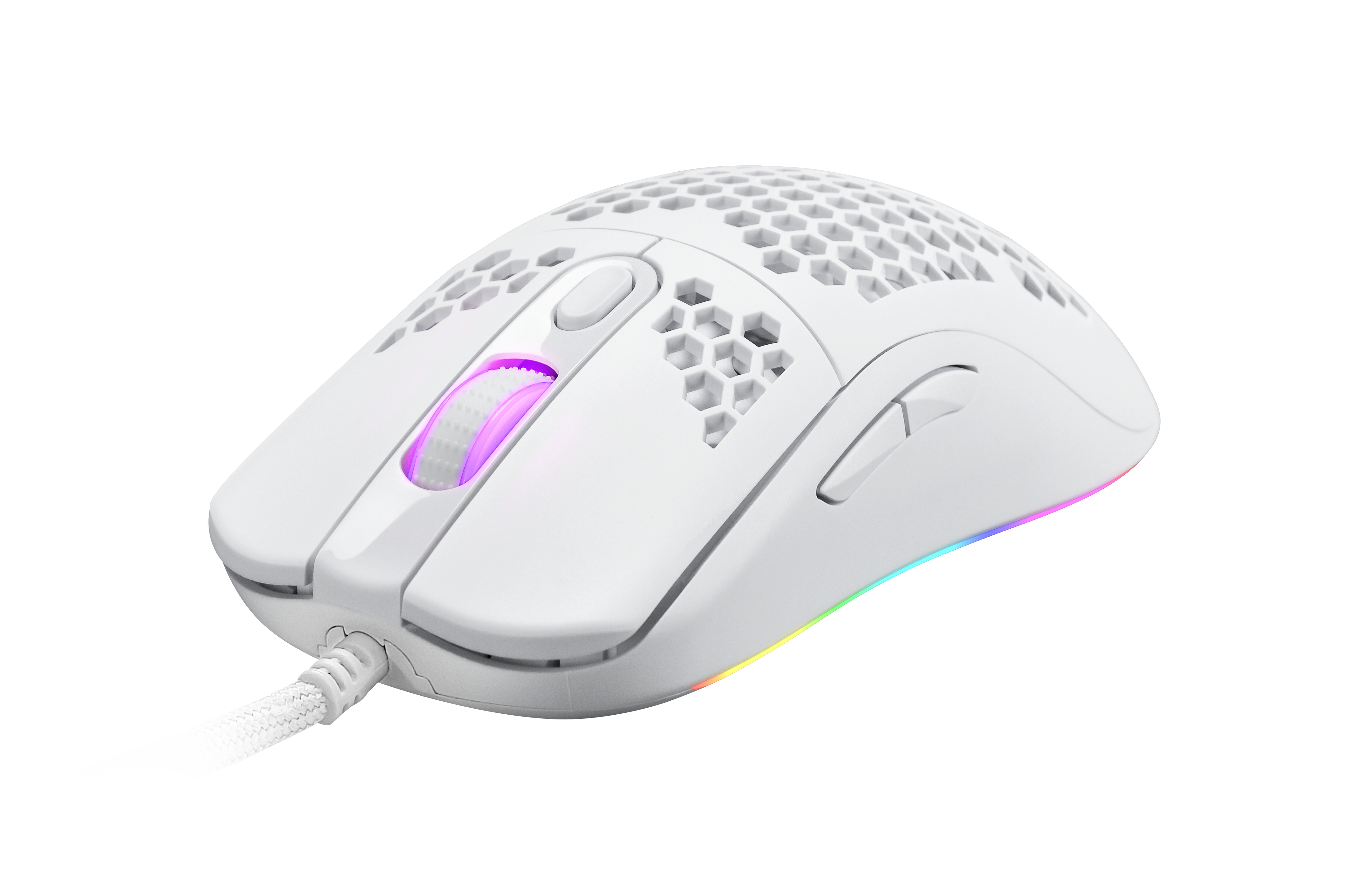 Weiße Gaming-Maus mit Wabenmuster, RGB-Beleuchtung und geflochtenem Kabel.