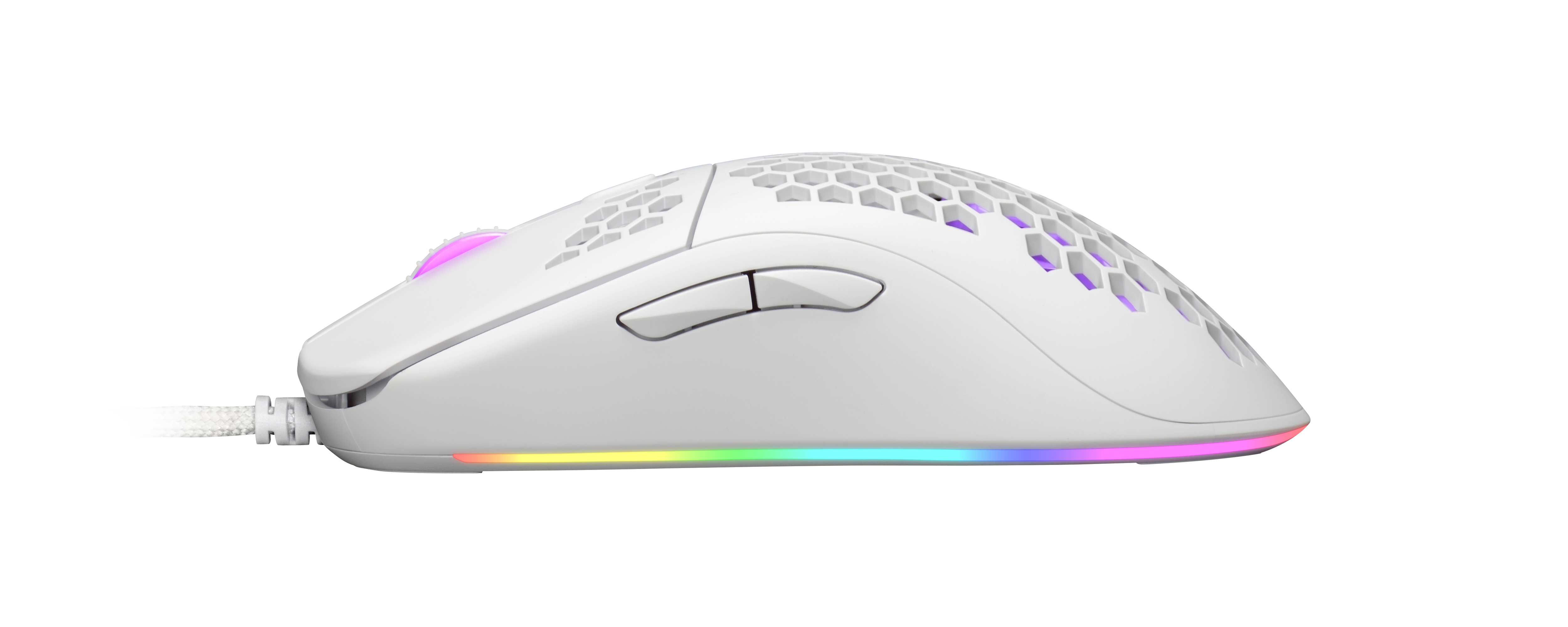 Weiße Gaming-Maus mit Wabenmuster und farbiger LED-Beleuchtung.