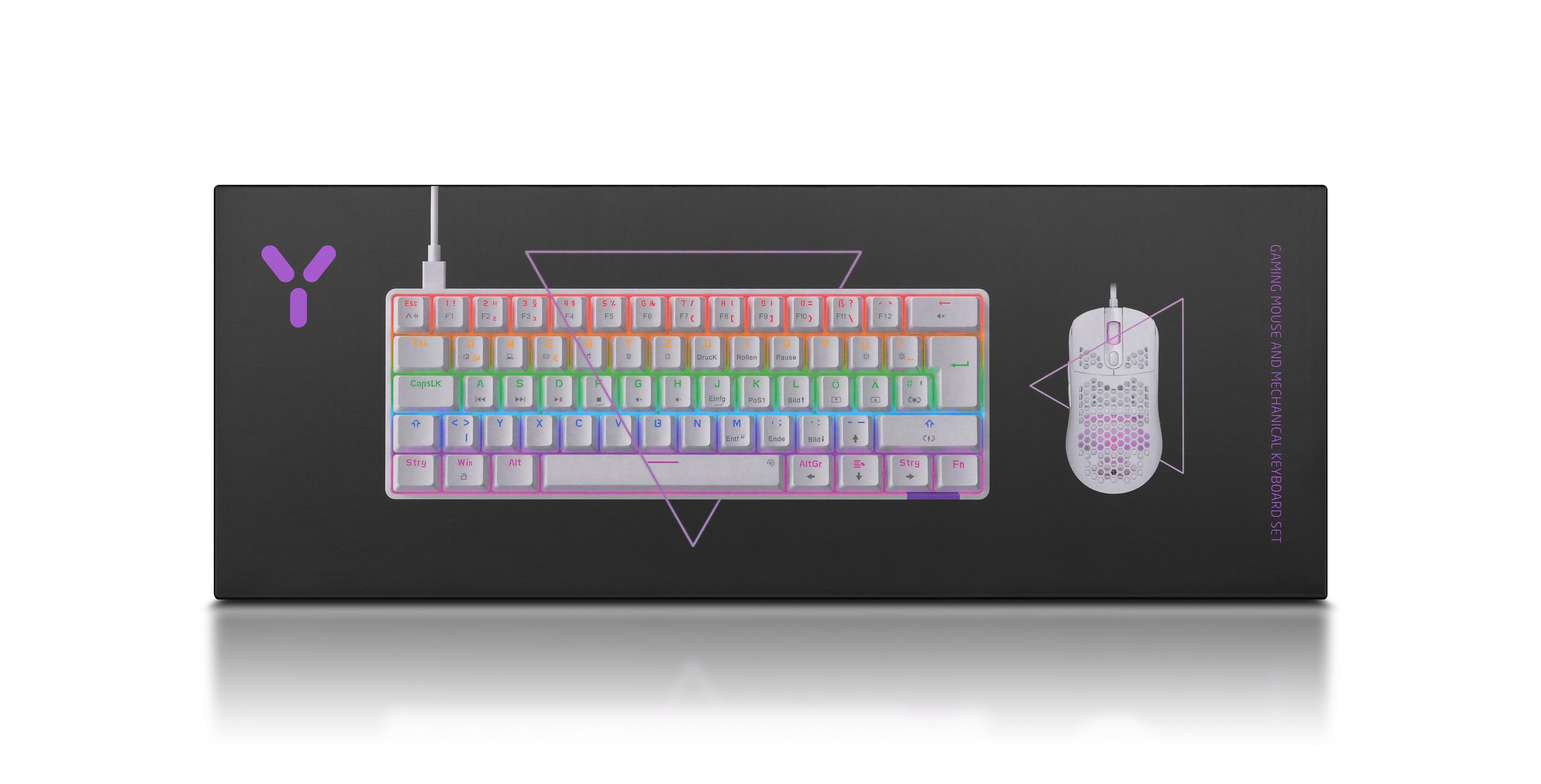 Schwarzes Tastatur- und Maus-Set mit regenbogenfarbenen Tasten auf schwarzem Grund.