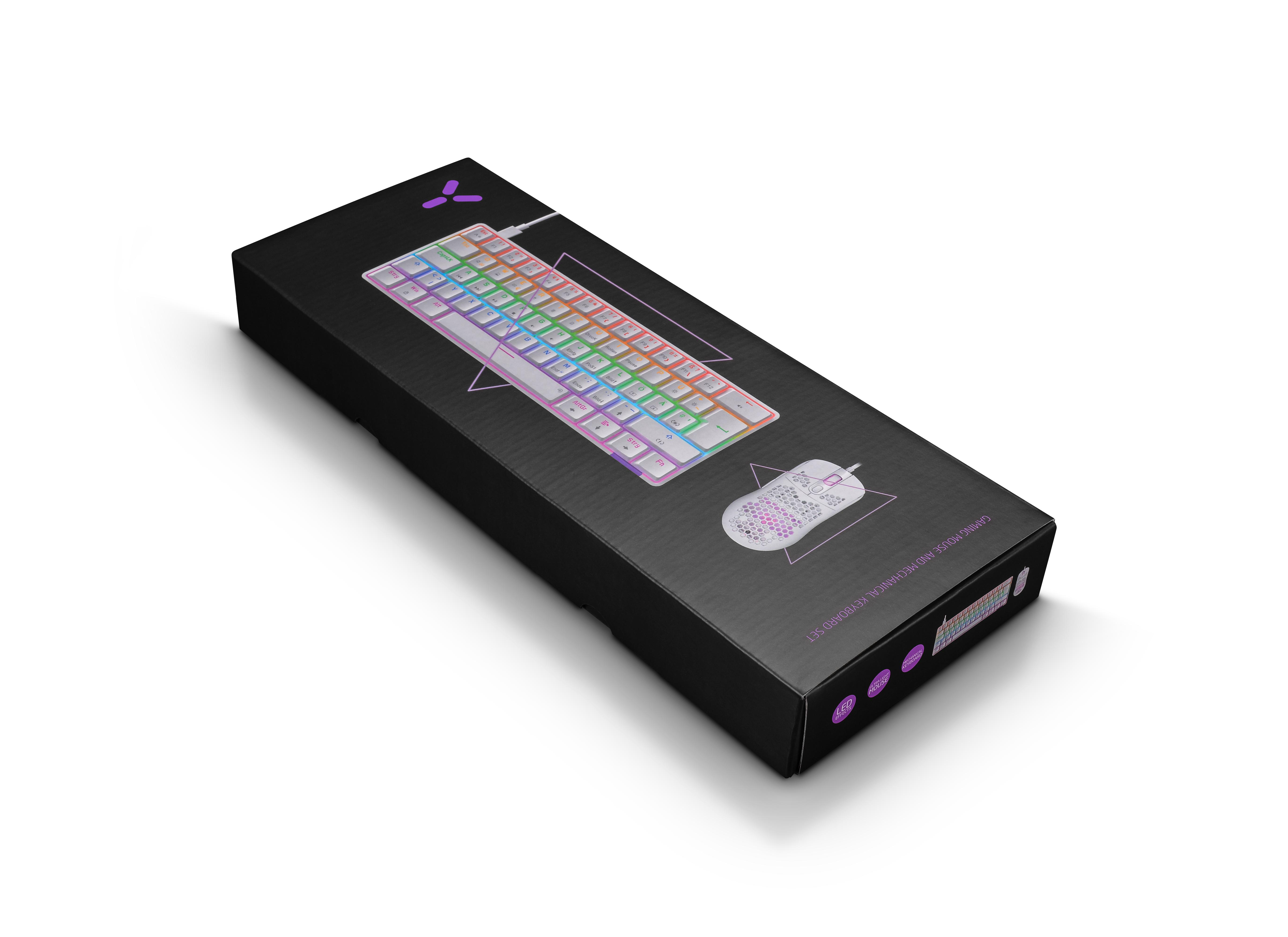 Schwarze Box mit Tastatur und Maus. Die Tastatur hat regenbogenfarbene Tasten.