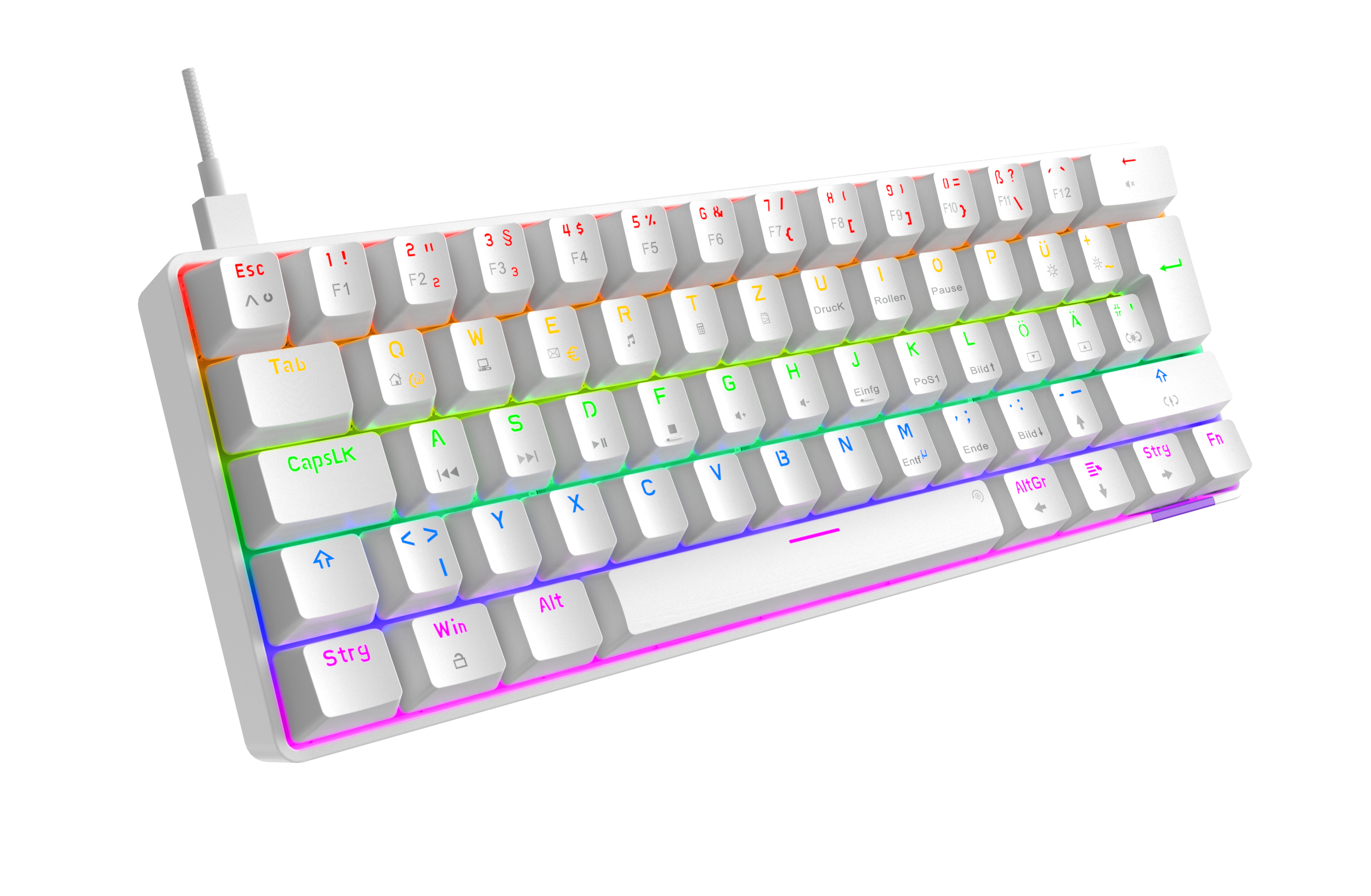 Weiße mechanische Tastatur mit Regenbogenbeleuchtung. Tasten mit Buchstaben und Symbolen beschriftet.
