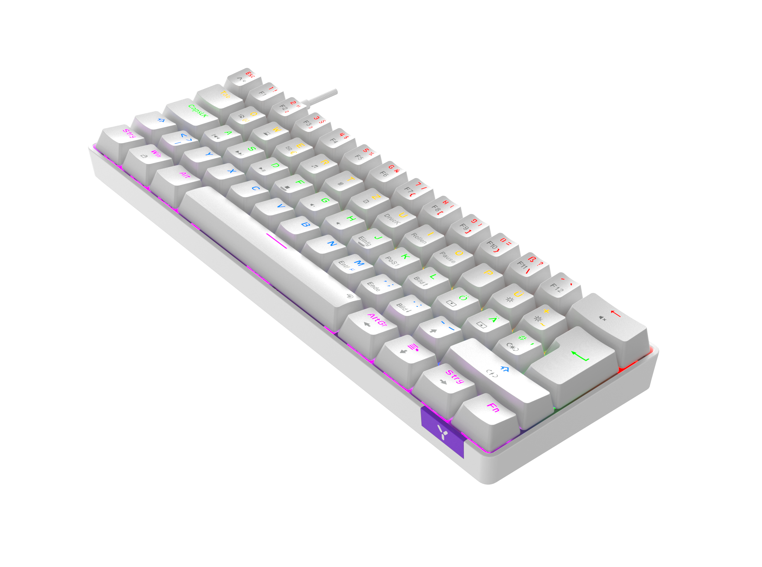 Weiße Tastatur mit bunten Tasten.