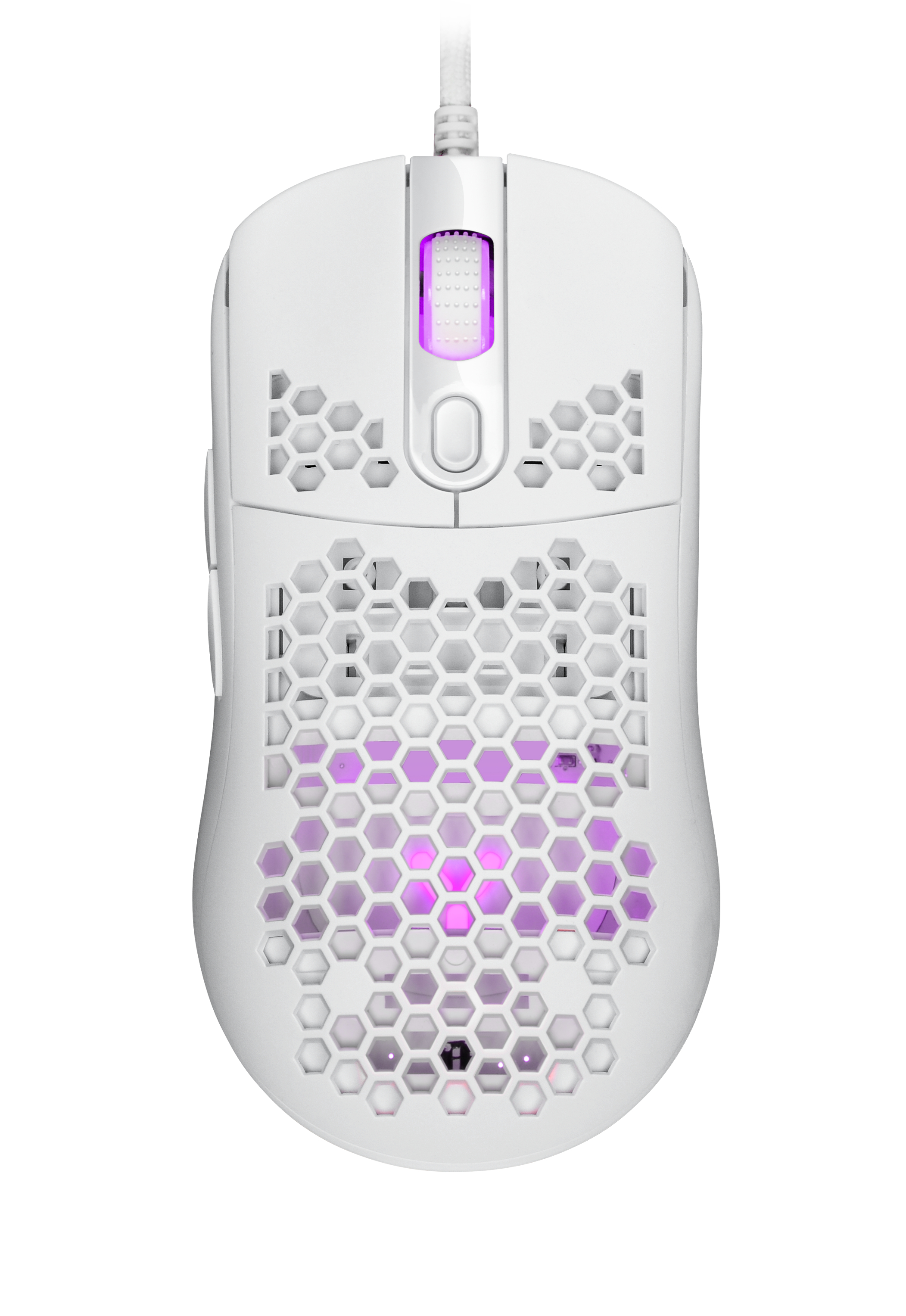 Weiße Gaming-Maus mit Wabenmuster, beleuchtet mit pinken und lila Lichtern.