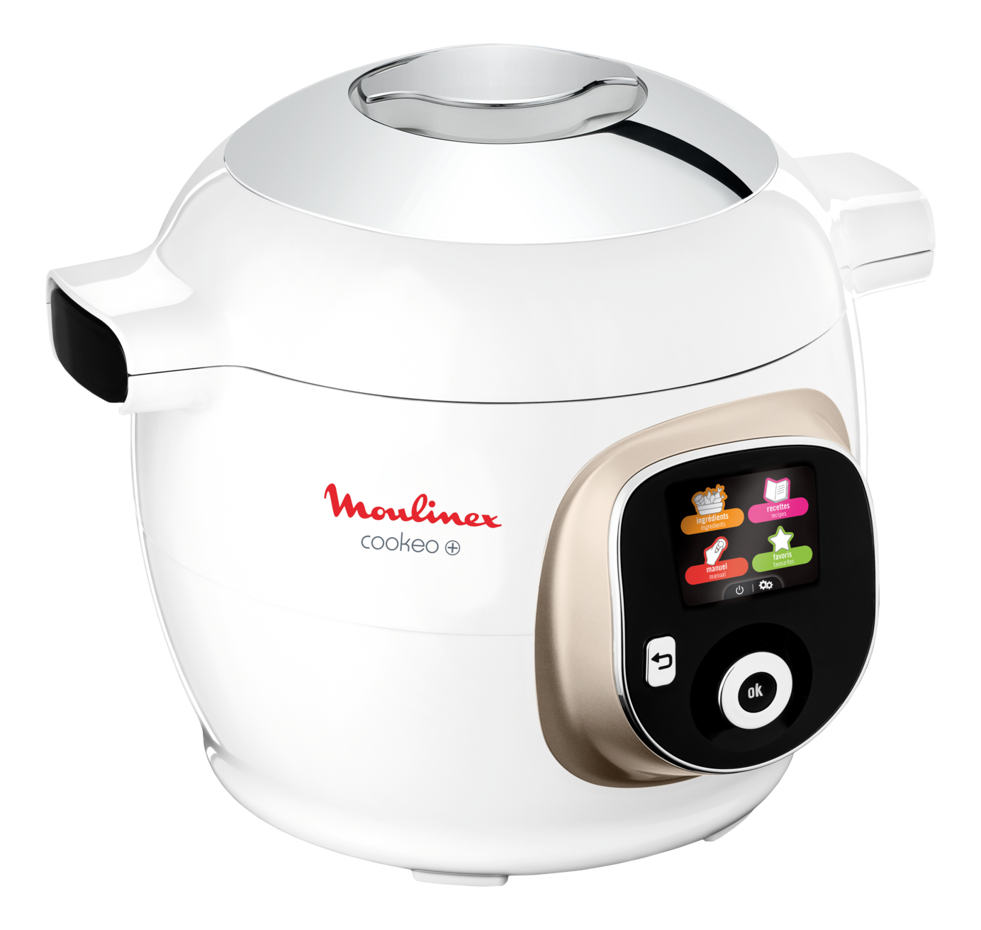 Robot culinaire intelligent Moulinex Cookeo+ blanc et or avec écran tactile.