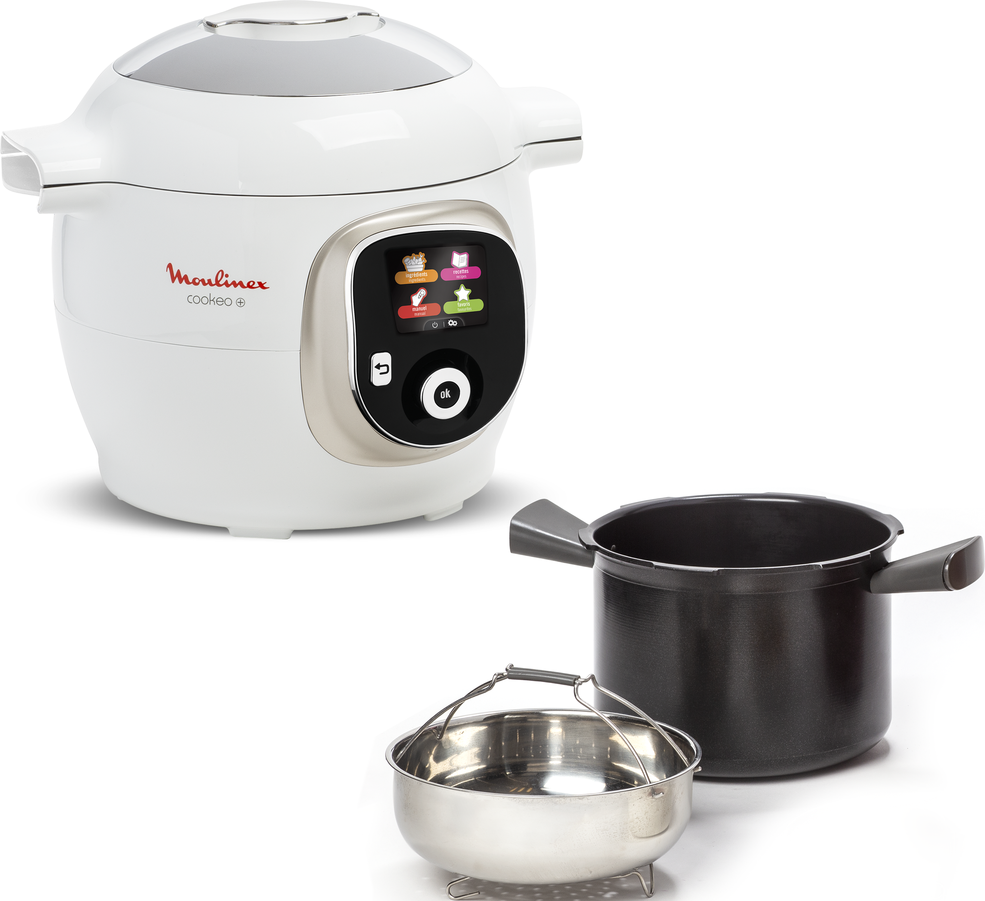 Un Moulinex Cookeo+ blanc avec accessoires : une marmite et un panier vapeur.