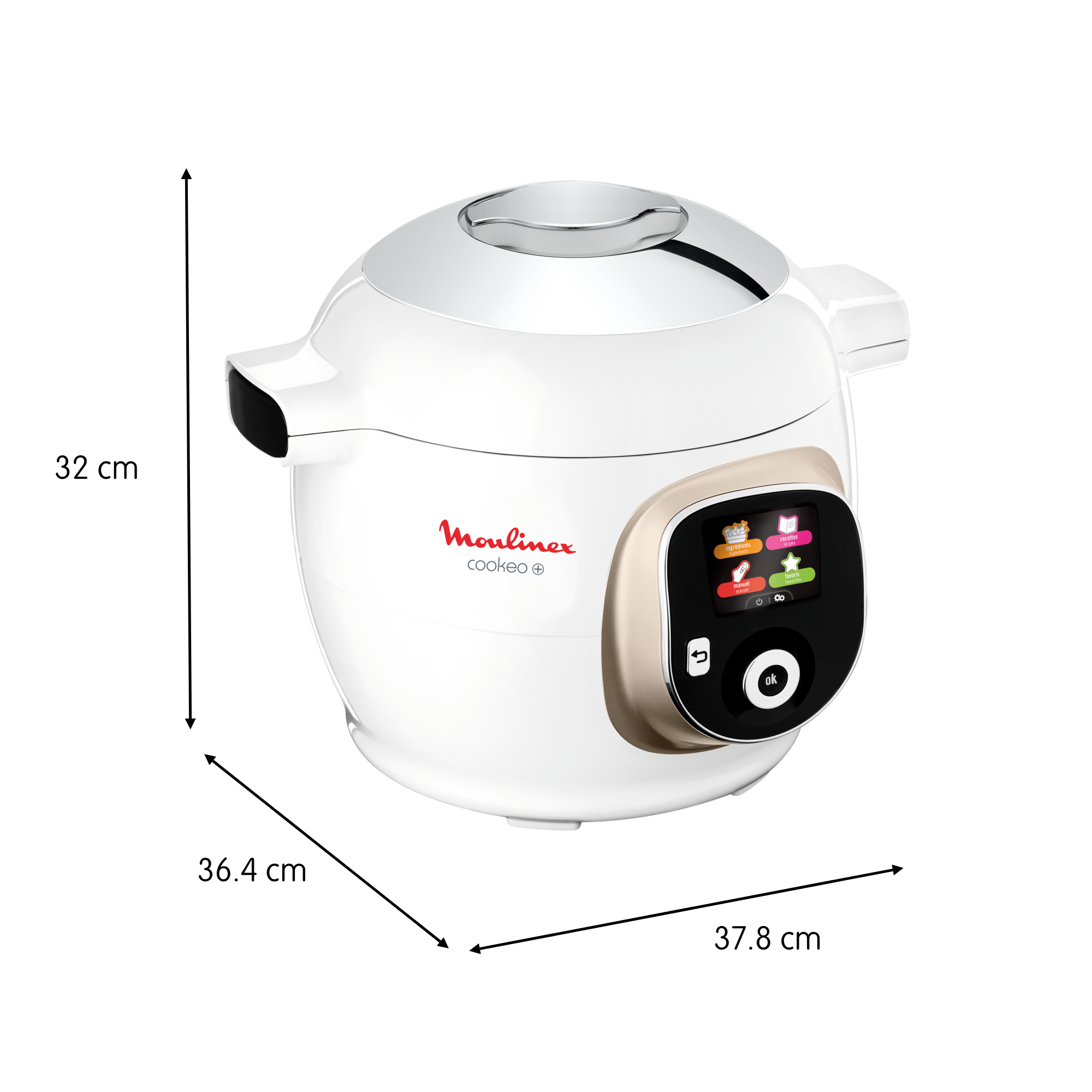 Moulinex Cookeo blanc et doré avec dimensions : 32 cm, 36,4 cm et 37,8 cm.