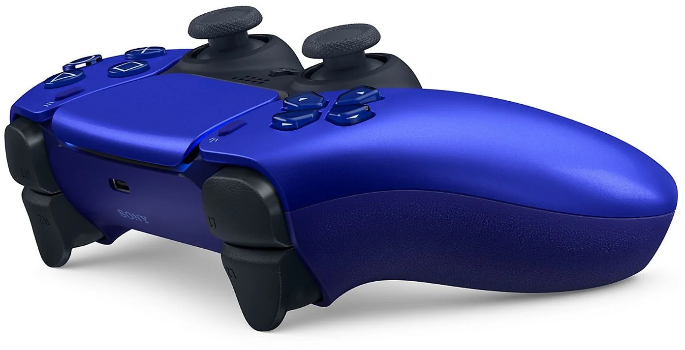 Blue and black PS5 controller on white background.