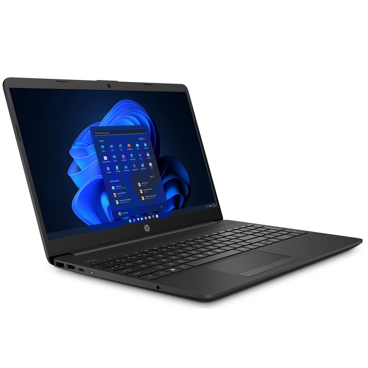 Laptop negro que muestra una interfaz de Windows 11, abierto sobre una superficie blanca.
