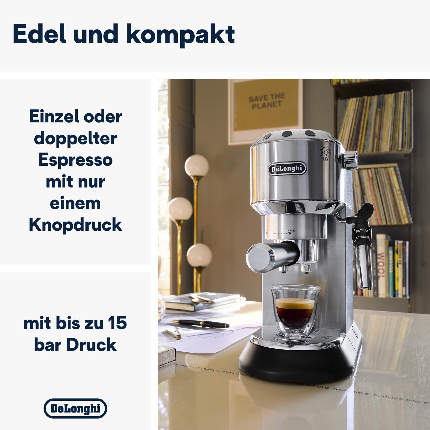 Silberne Espressomaschine mit Glas und Kaffee. Text auf Deutsch.
