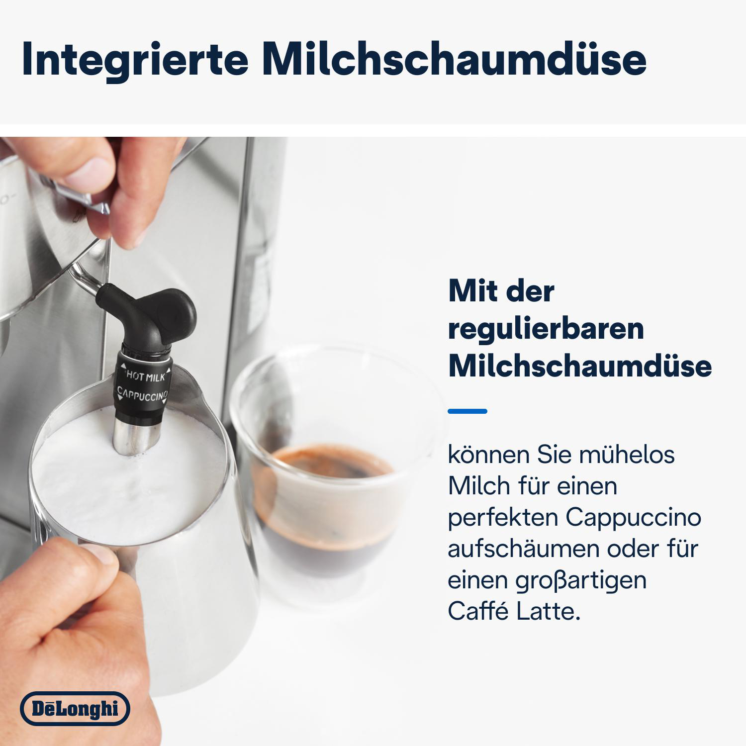Person gießt Milch aus einem Metallkrug in ein Glas.