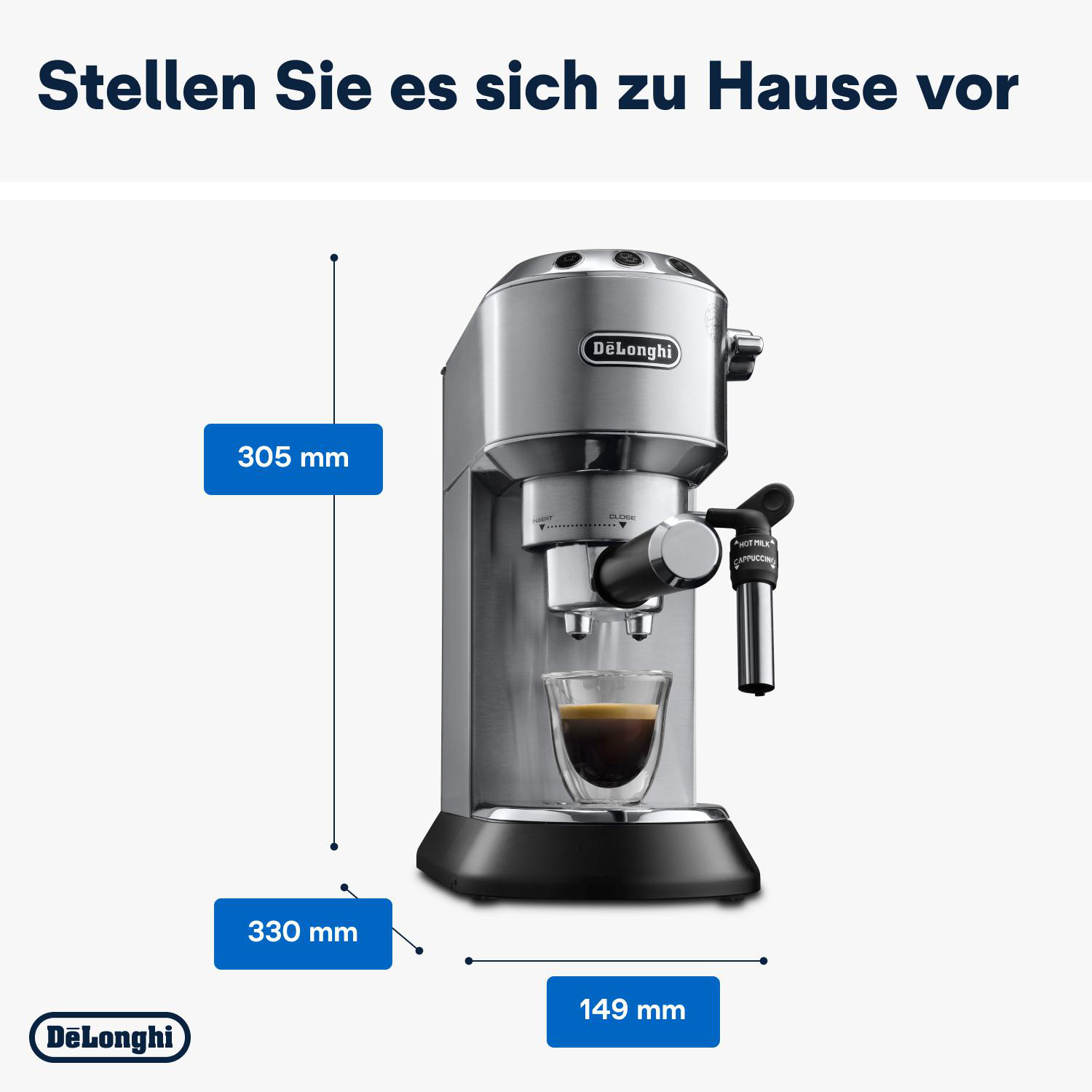 DeLonghi Espressomaschine mit Maßen. Glas Espresso.