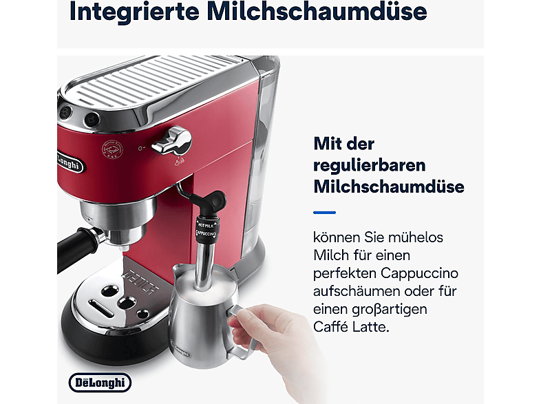 DELONGHI Dedica Style EC685.R - Professionelle Milchaufschäumung und schmales Design, Siebträger Espressomaschine Rot Matt