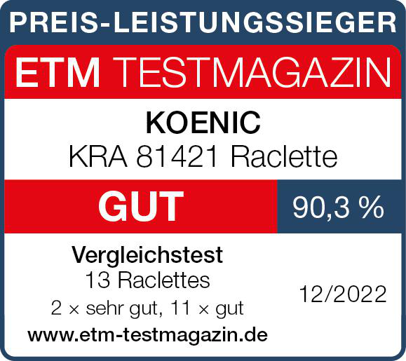 ETM Testmagazin Label, Koenic KRA 81421 Raclette, mit einem Ergebnis von 90,3%.