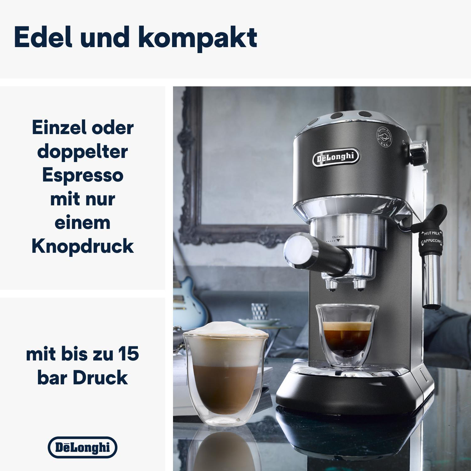 Eine Espressomaschine mit Text, der einfachen Espresso mit einem Knopfdruck und bis zu 15 bar Druck anzeigt.